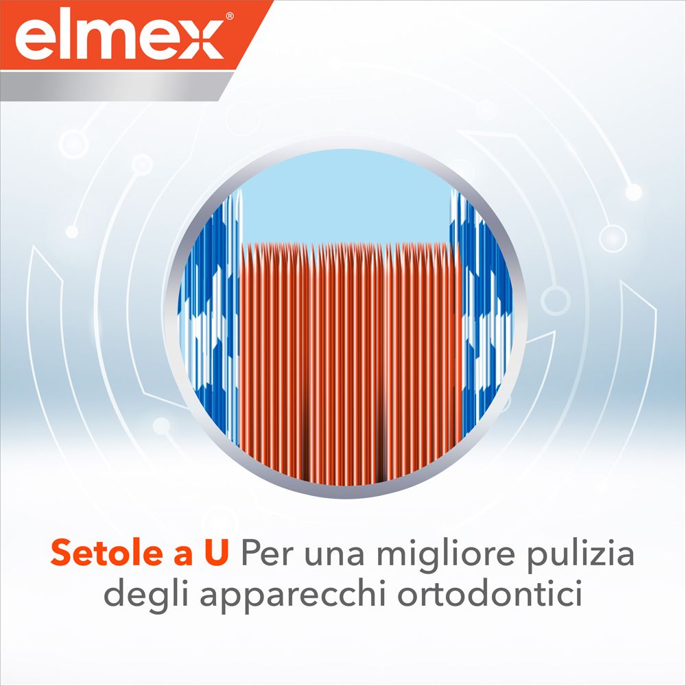 Primo piano della testina dello spazzolino Elmex. Disposizione delle setole a U. Per una migliore pulizia.