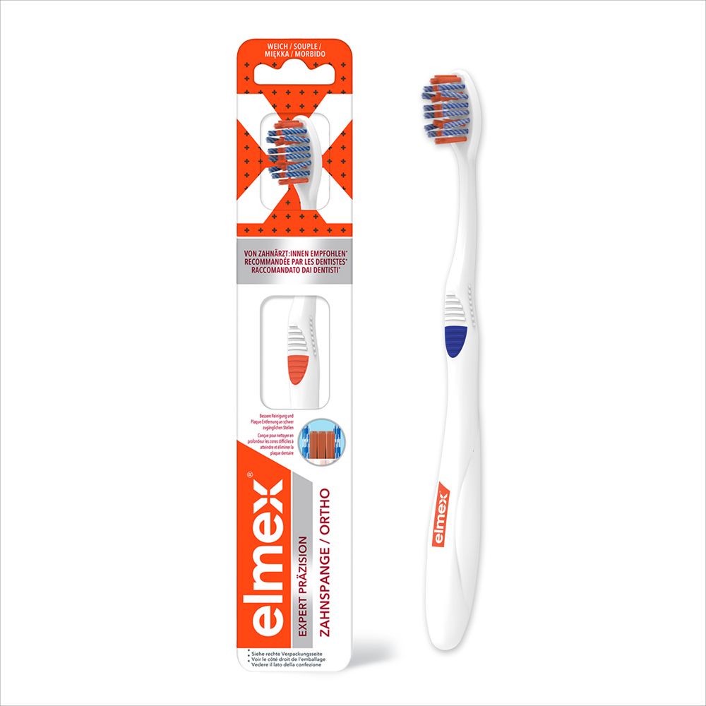 Spazzolino Elmex Expert Precision Ortho in confezione. Design arancione e bianco. Per apparecchi ortodontici.