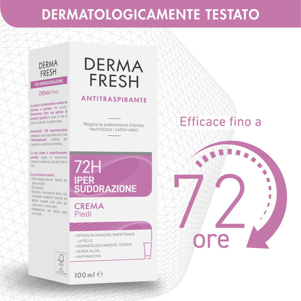 Confezione del prodotto. Dermafresh Antitraspirante Crema Piedi. 72H Ipersudorazione. Efficace fino a 72 ore.