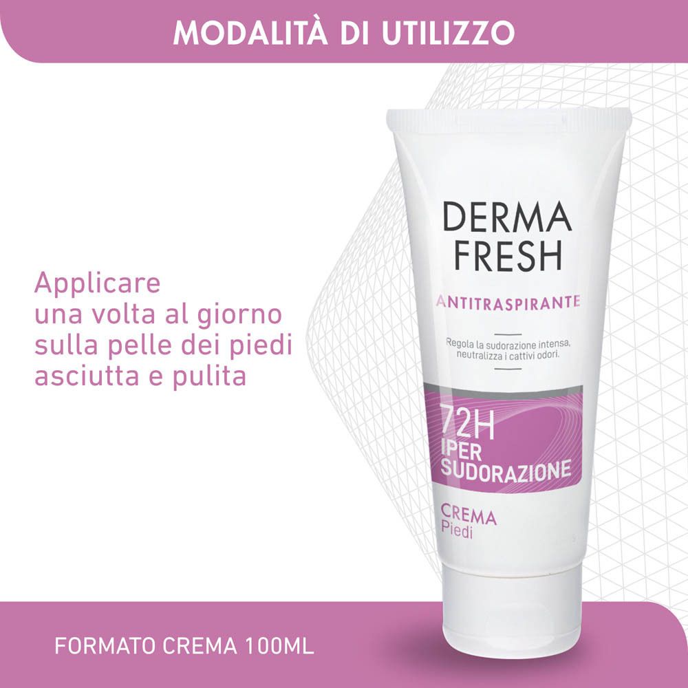 Tubo del prodotto. Dermafresh Antitraspirante Crema Piedi. Uso: applicare una volta al giorno su piedi asciutti.