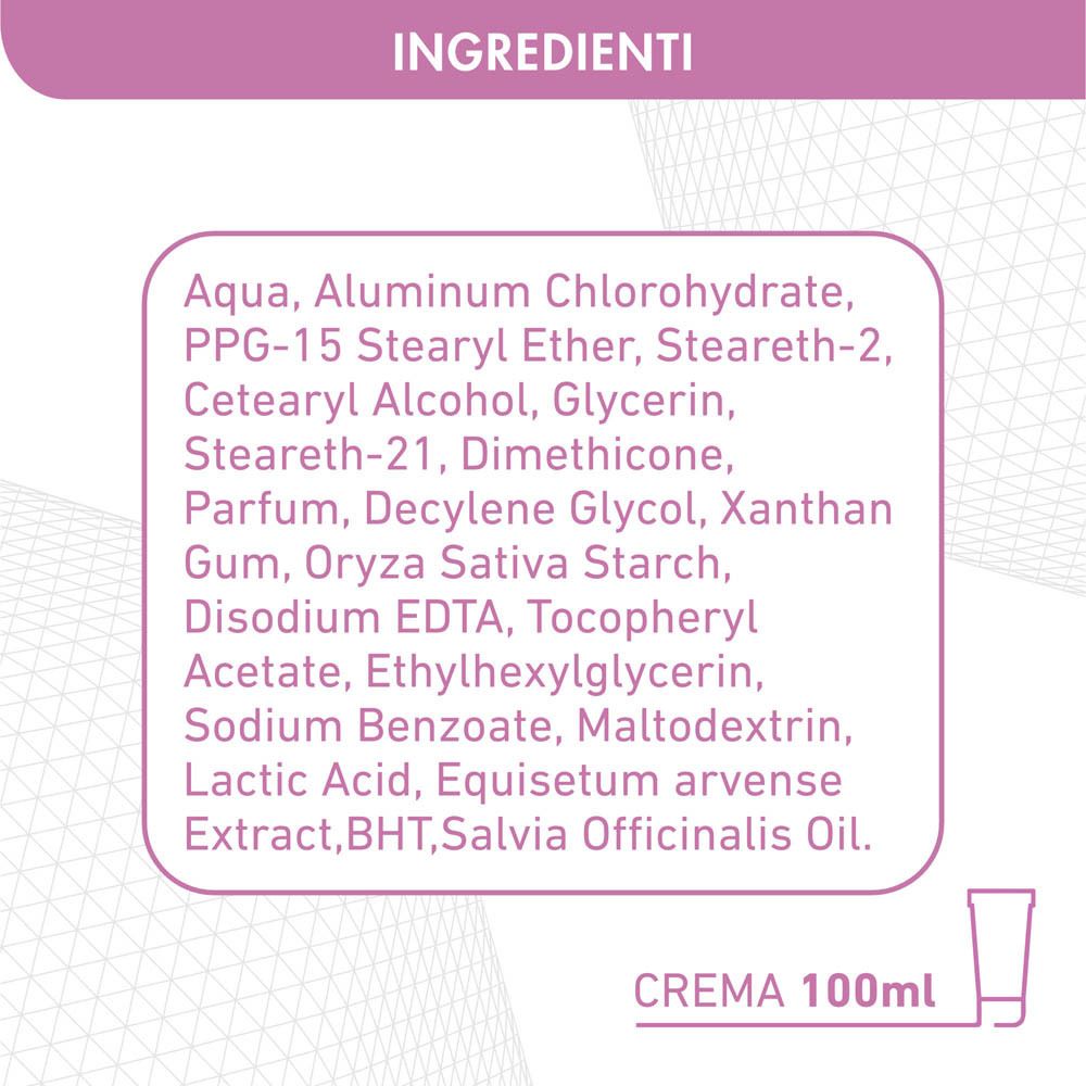 Ingredienti del prodotto. Aqua, Cloridrato di alluminio, PPG-15 Stearyl Ether, etc. Crema 100ml.
