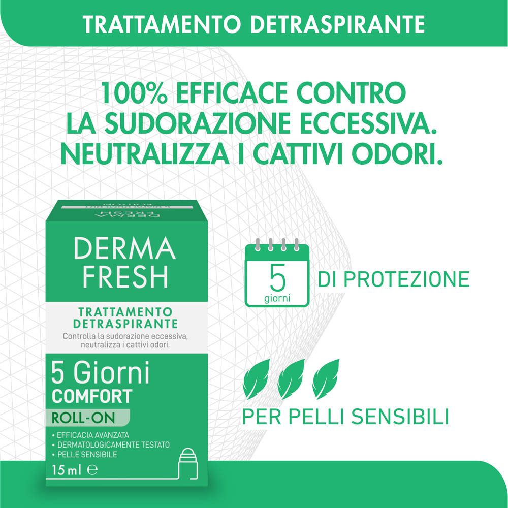Infografica verde. Testo: 100% efficace contro la sudorazione eccessiva. Neutralizza gli odori. 5 giorni di protezione.