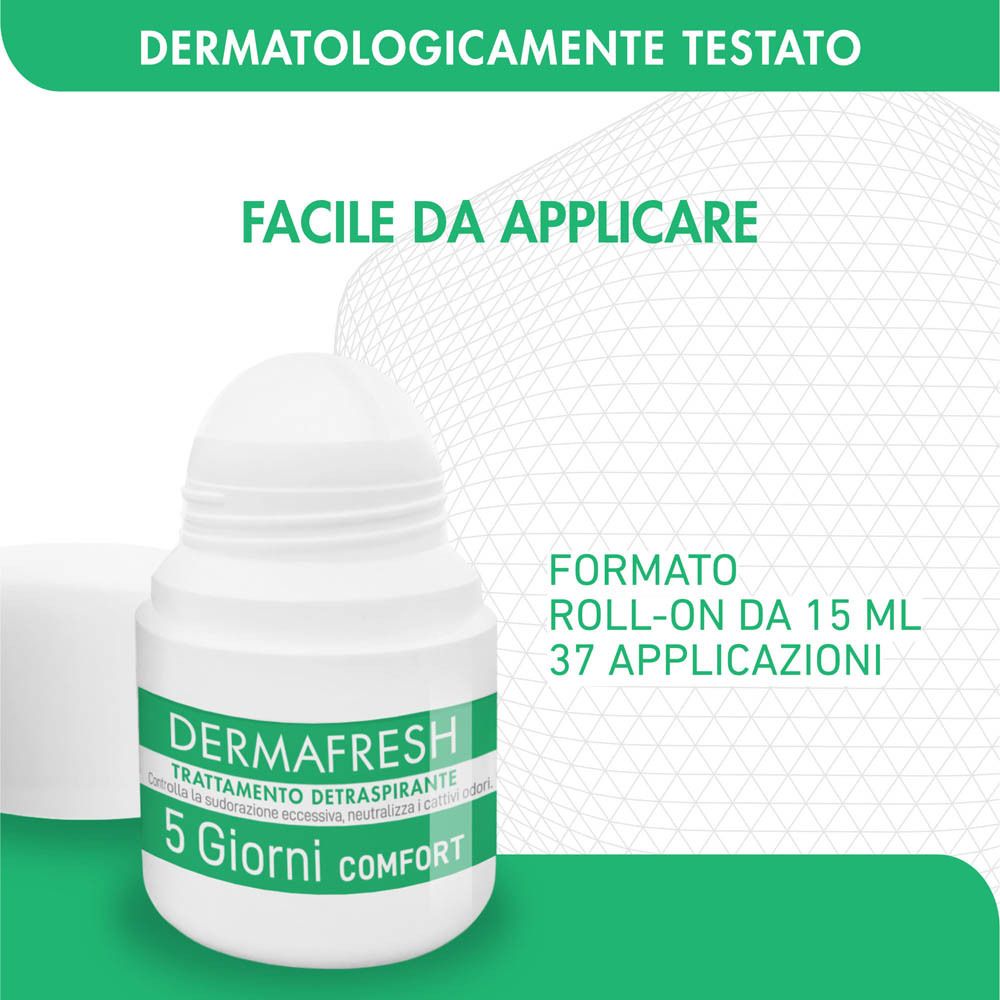 Roll-on bianco. Scritta: Dermafresh 5 Giorni Comfort. Dermatologicamente testato. 15 ml.