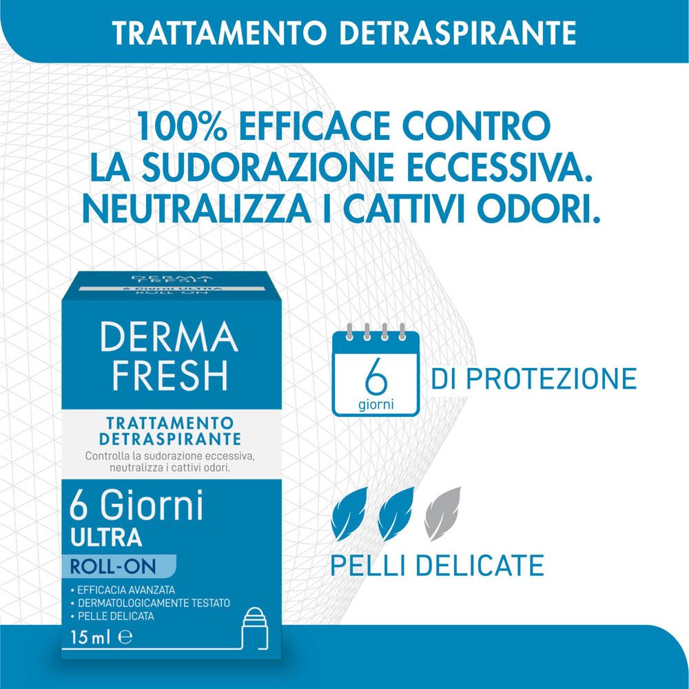 Grafica blu con testo. Dermafresh, 6 Giorni Ultra. 100% efficace contro la sudorazione eccessiva.