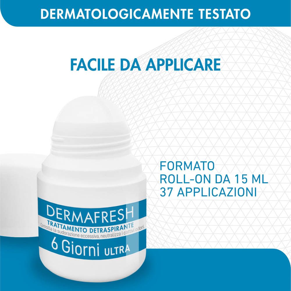 Roll-on bianco con tappo aperto. Scritta blu: Dermafresh, 6 Giorni Ultra. 15 ml.