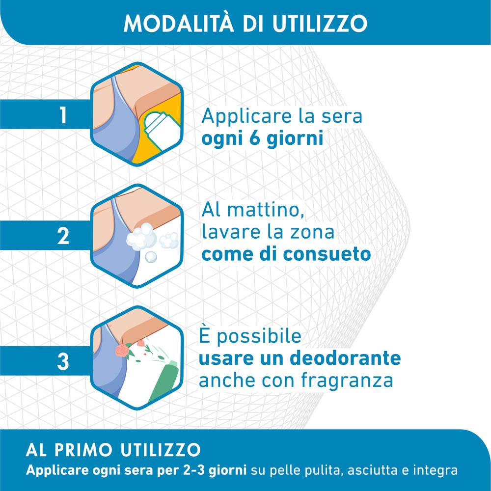 Grafica blu con istruzioni per l'uso. Applicare ogni 6 giorni, lavare al mattino, deodorante.