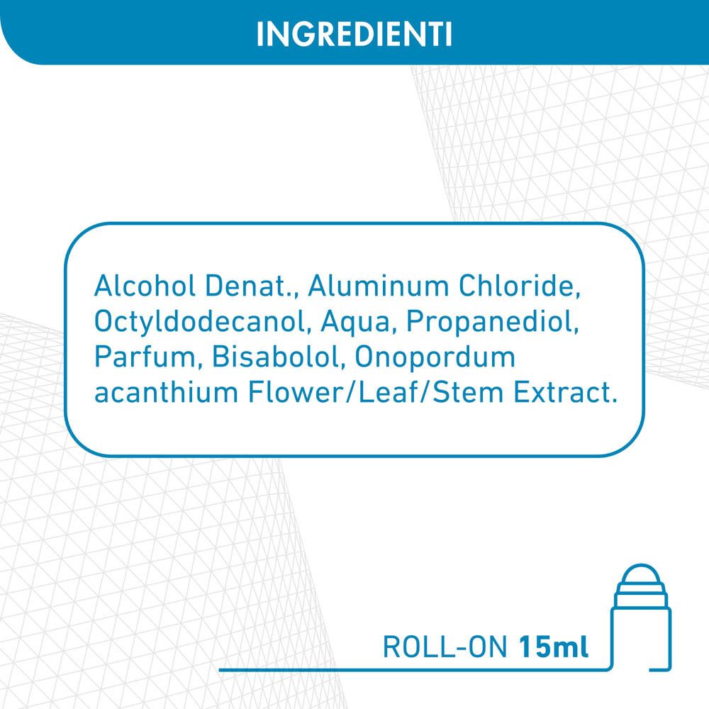 Grafica blu con ingredienti. Roll-on 15 ml. Contiene: Alcohol Denat., Aluminum Chloride, etc.