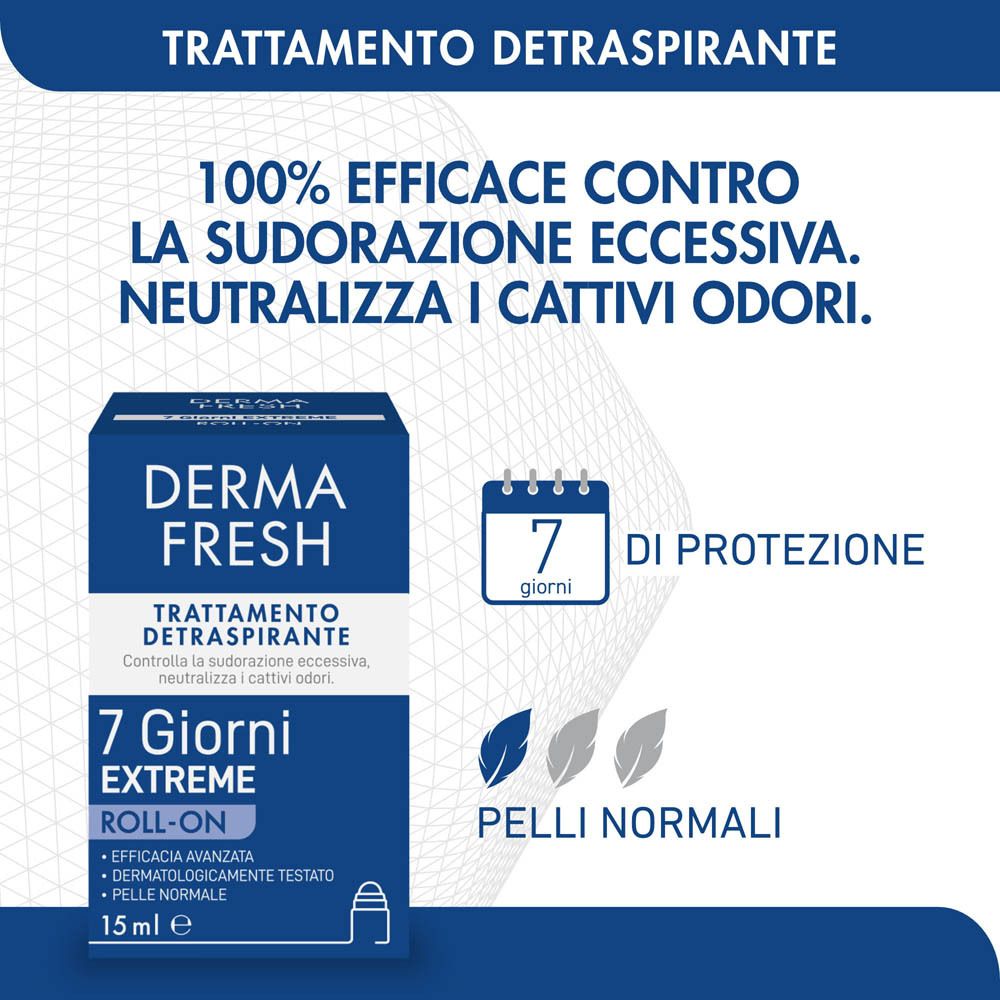 Confezione blu con testo: Dermafresh 7 Giorni Extreme. Protezione 7 giorni. Per pelli normali.
