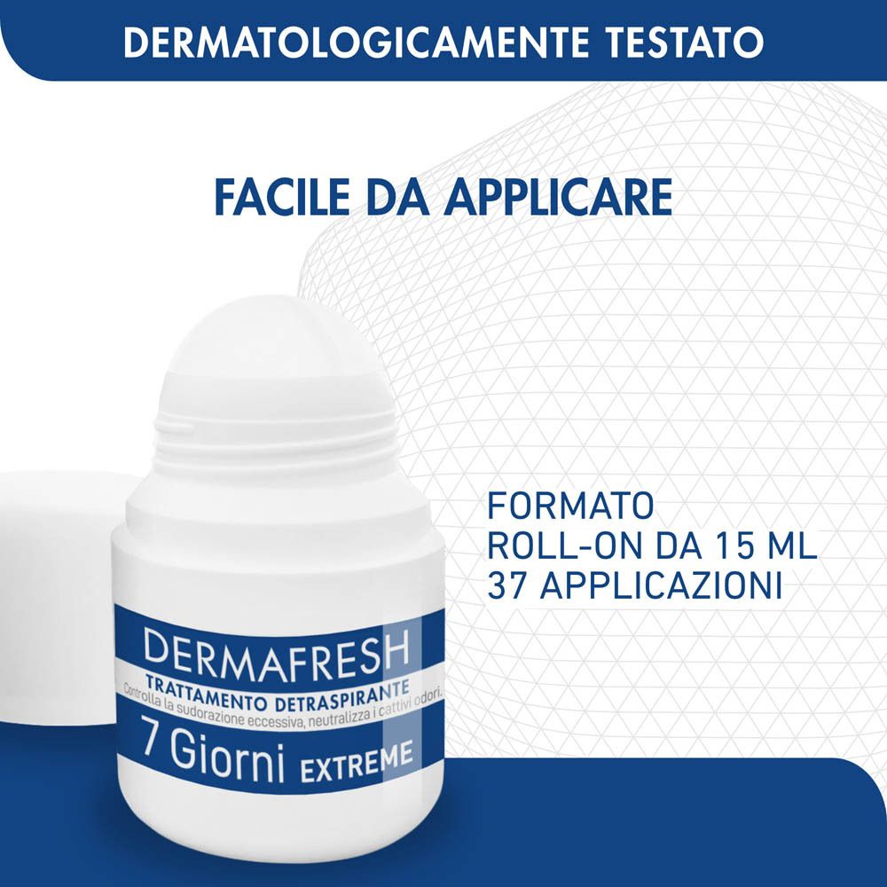 Roll-on bianco con coperchio aperto. Scritta: Dermafresh 7 Giorni Extreme. Formato roll-on 15 ml.