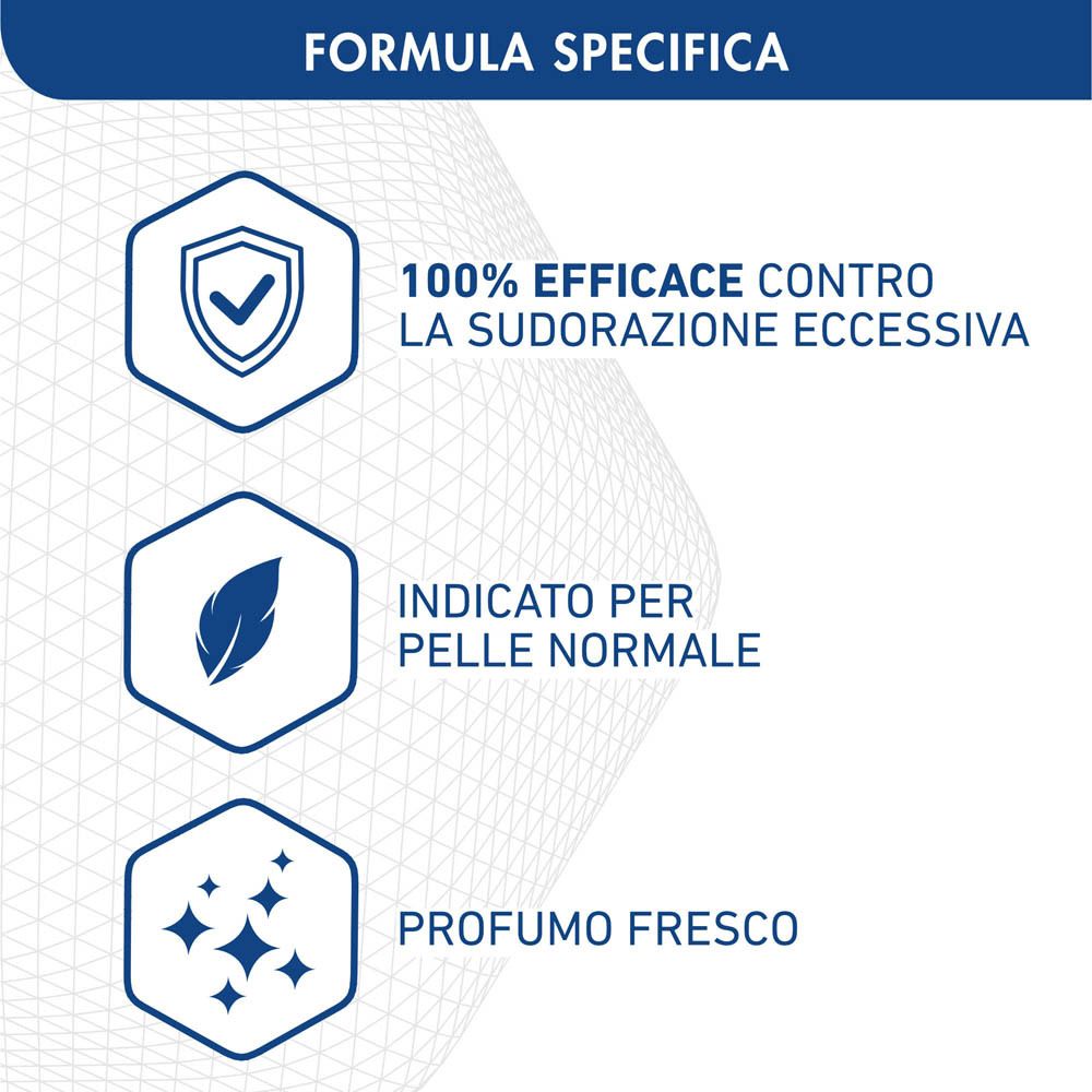 Grafica con simboli: scudo, foglia, stelle. Testo: 100% efficace, per pelli normali, profumo fresco.