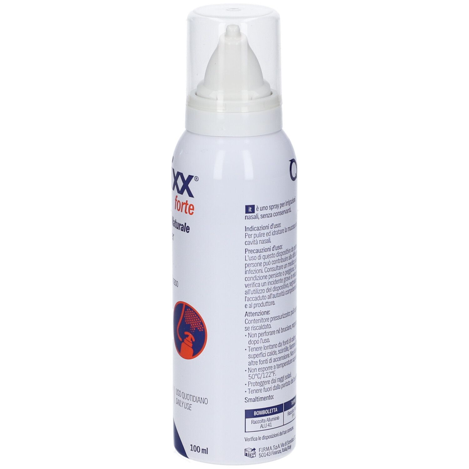 Flacone spray bianco con testo e informazioni. Contiene acqua di mare. Con applicatore nasale e tappo. Marchio Quixx forte.
