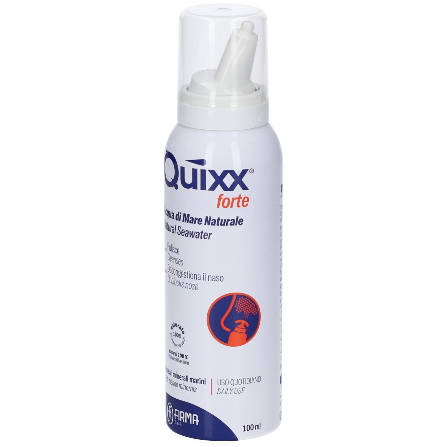 Flacone spray bianco con logo e testo blu. Contiene acqua di mare. Con applicatore nasale e tappo. Marchio Quixx forte.
