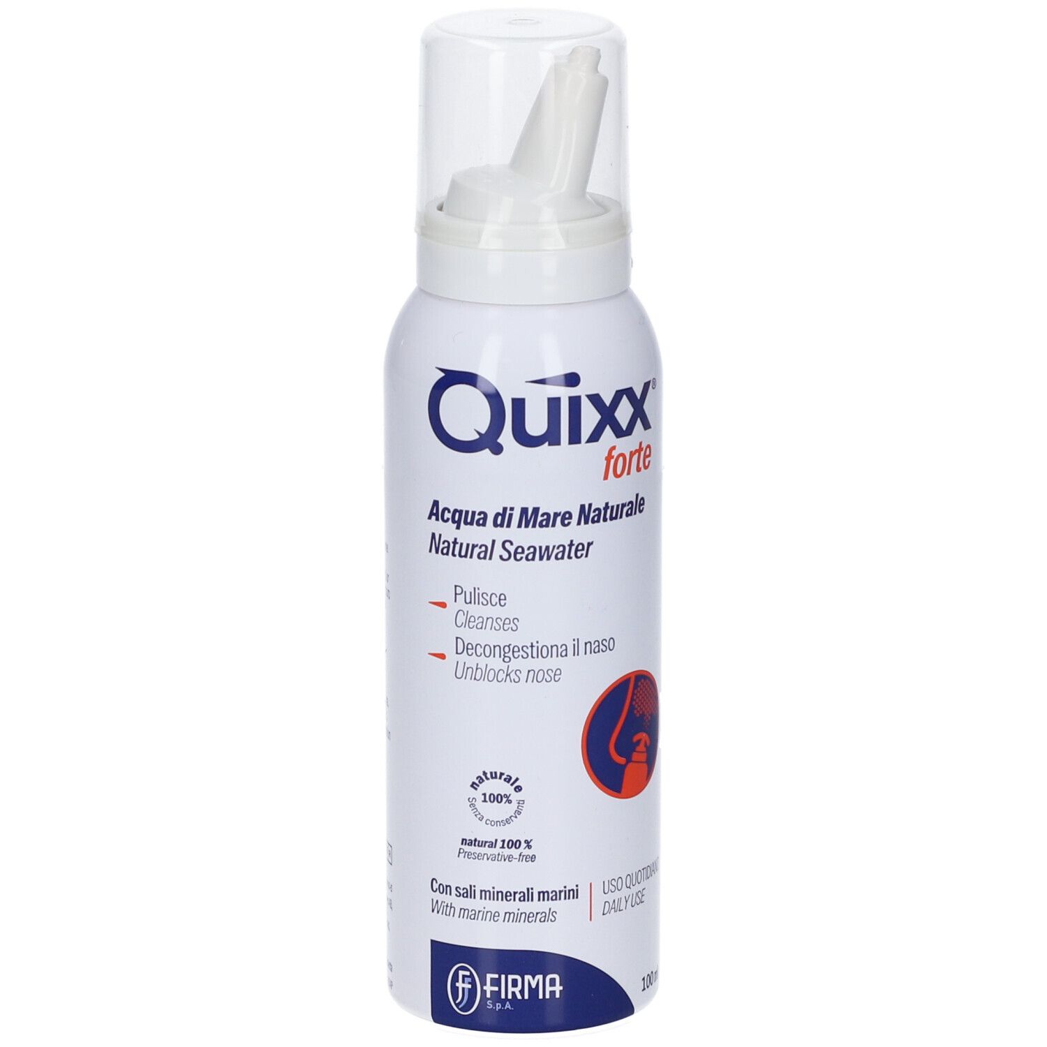 Flacone spray bianco con logo e testo blu. Contiene acqua di mare. Con applicatore nasale e tappo. Marchio Quixx forte.