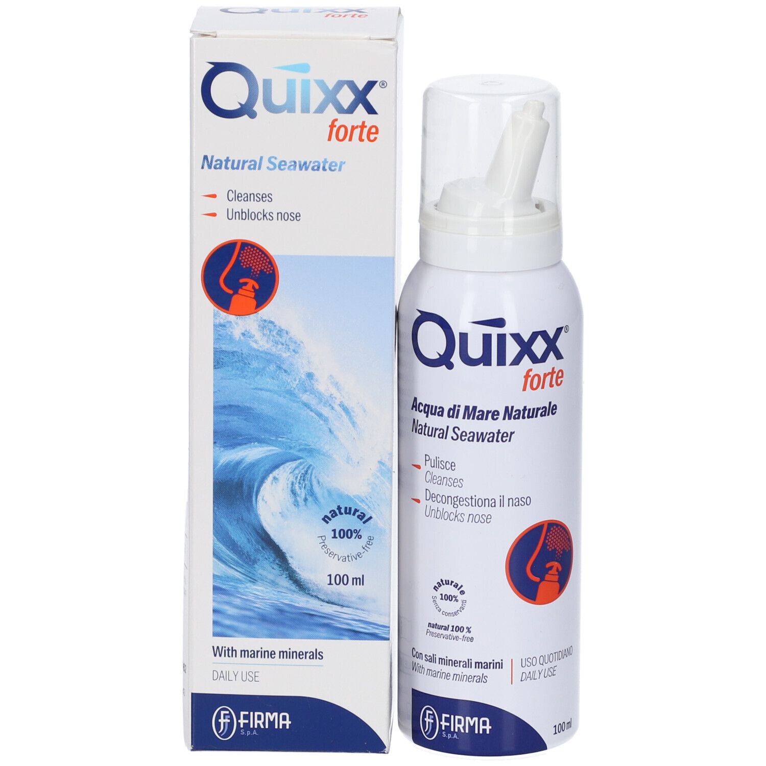Confezione e flacone spray. Contiene acqua di mare. Con applicatore nasale e tappo. Marchio Quixx forte.