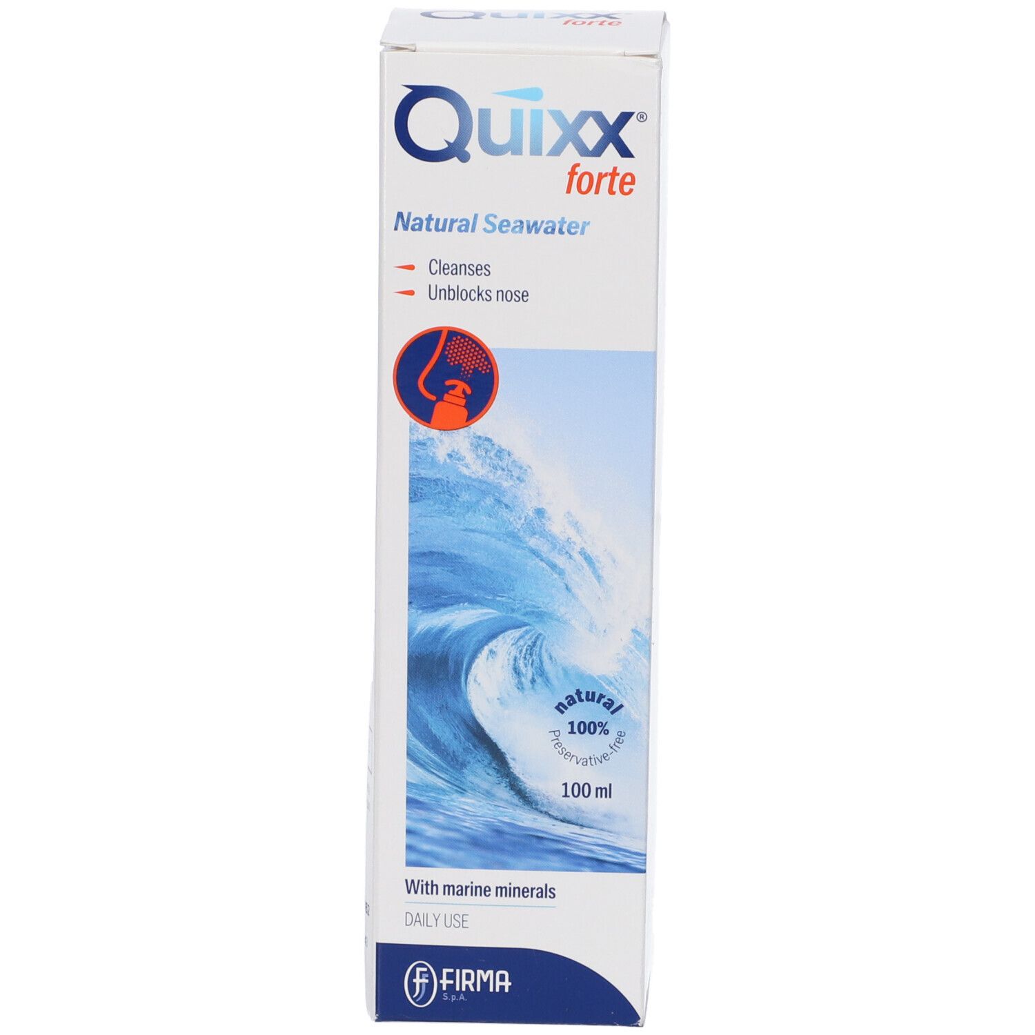 Confezione del prodotto. Contiene acqua di mare. Marchio Quixx forte. Con motivo a onde e testo. Bianco e blu.