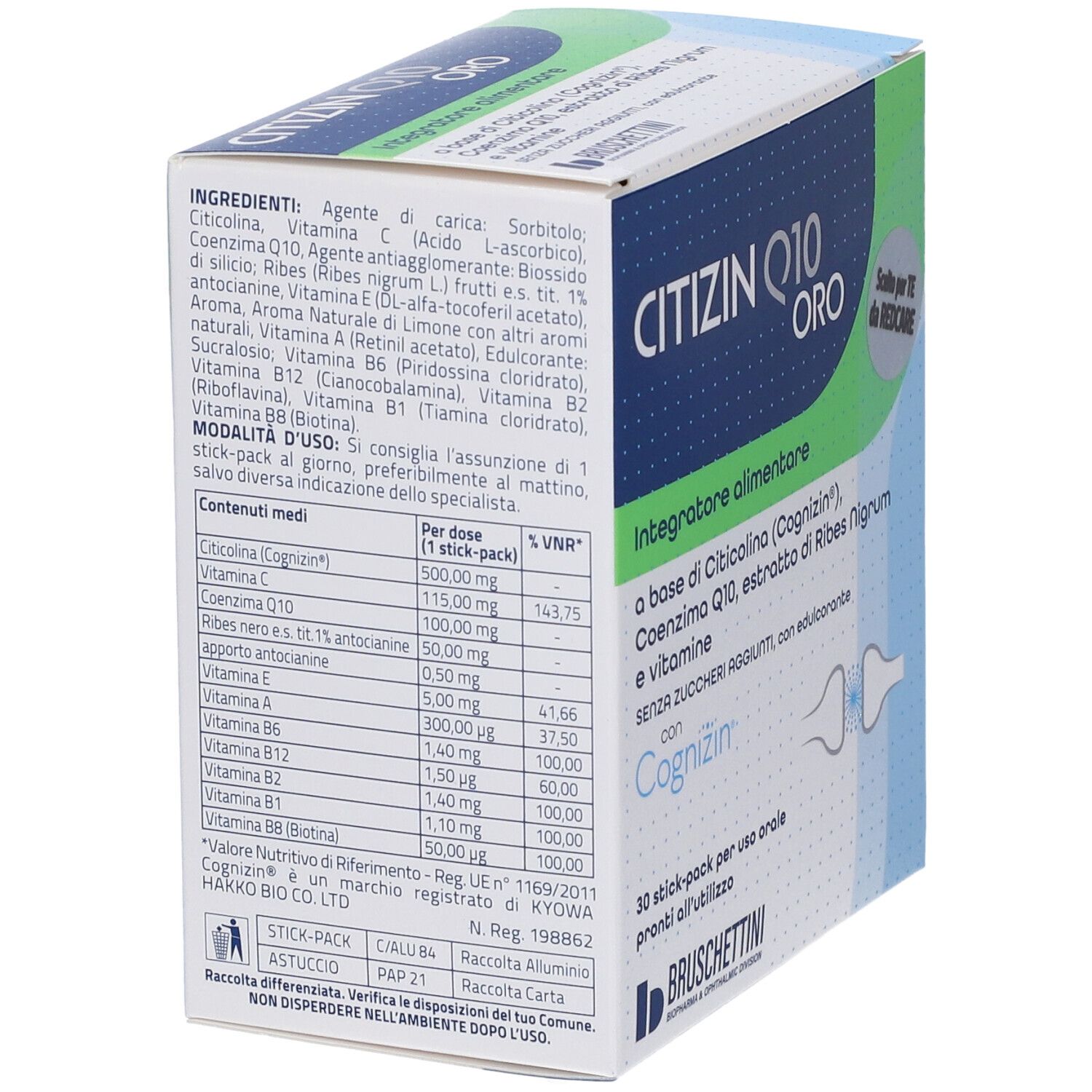 Retro della confezione CITIZIN Q10 ORO con elenco ingredienti, valori nutrizionali e modalità d'uso.