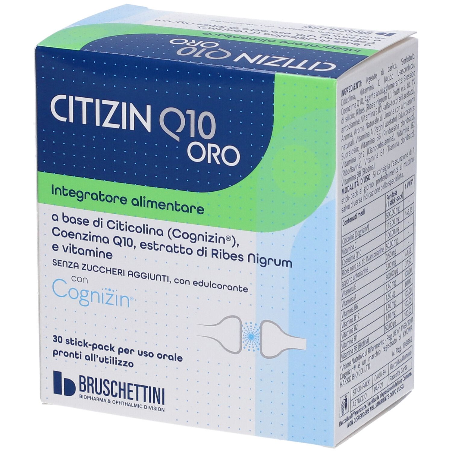 Fronte della confezione CITIZIN Q10 ORO, 30 stick-pack, integratore alimentare con Citicolina, Coenzima Q10 e vitamine.