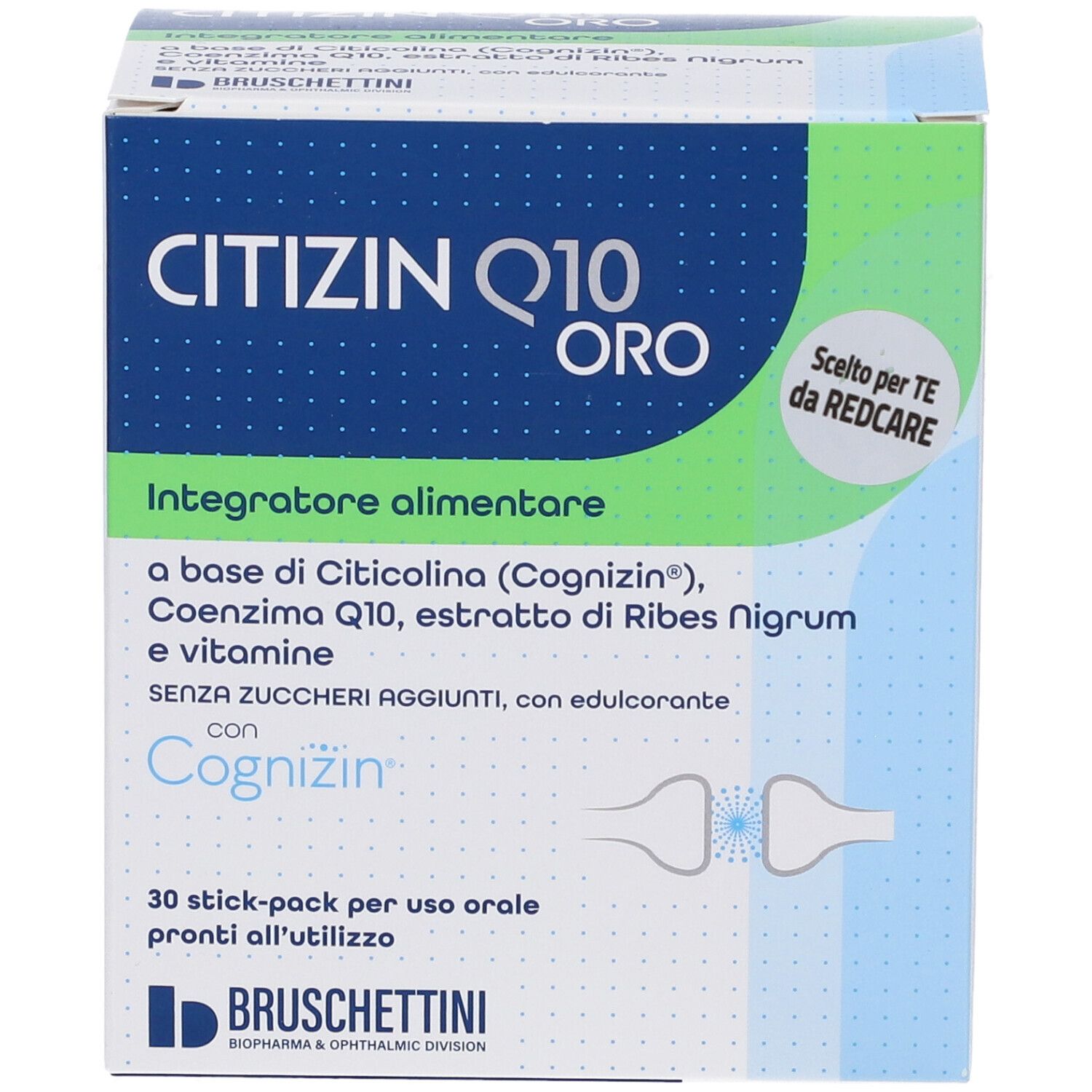 Confezione di CITIZIN Q10 ORO, 30 stick-pack, integratore alimentare con Citicolina, Coenzima Q10 e vitamine.