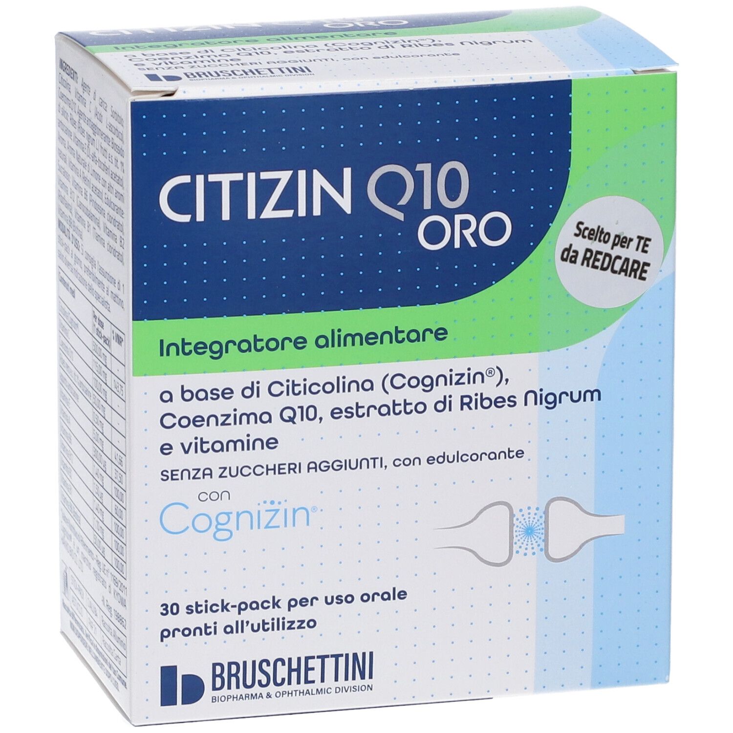 Fronte della confezione CITIZIN Q10 ORO, 30 stick-pack, integratore alimentare con Citicolina, Coenzima Q10 e vitamine.