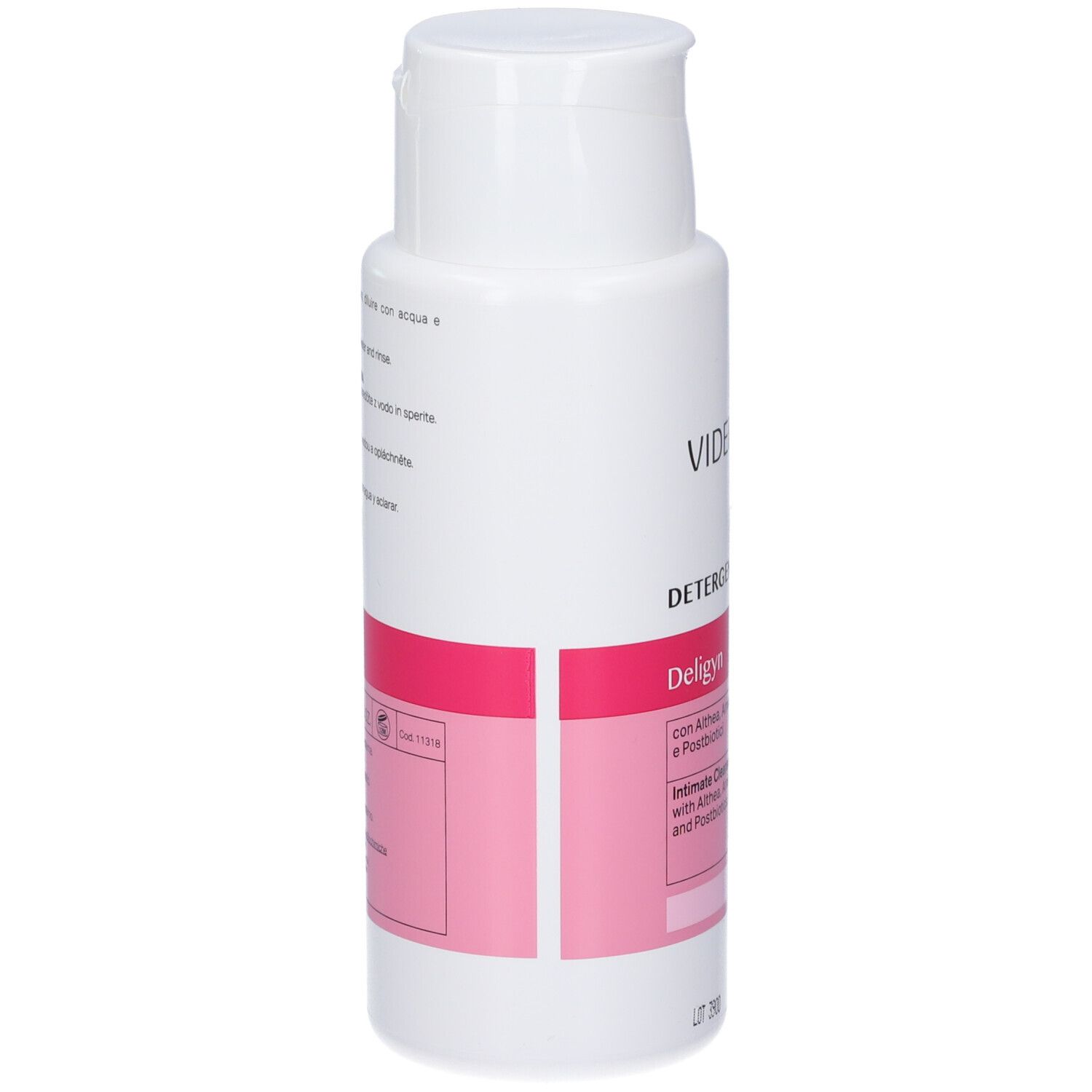Flacone bianco con etichetta rosa. Scritta: Vidermina, Detergente Intimo, Deligyn. Contiene ingredienti e pH neutro.