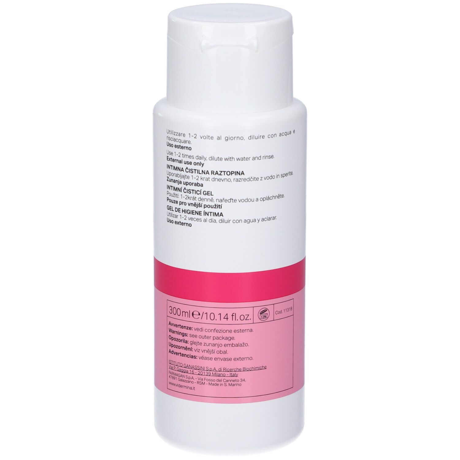 Flacone bianco con etichetta rosa. Scritta: Vidermina, Detergente Intimo, Deligyn. Contiene ingredienti e pH neutro.