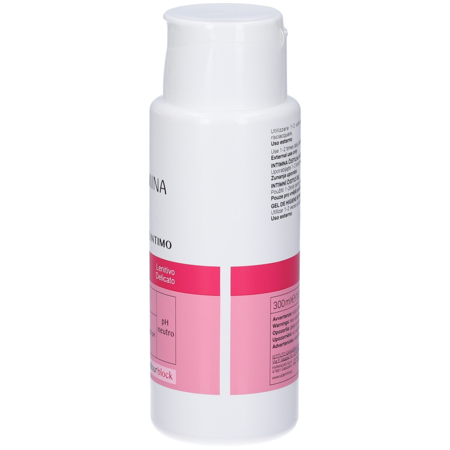 Flacone bianco con etichetta rosa. Scritta: Vidermina, Detergente Intimo, Deligyn. Contiene ingredienti e pH neutro.
