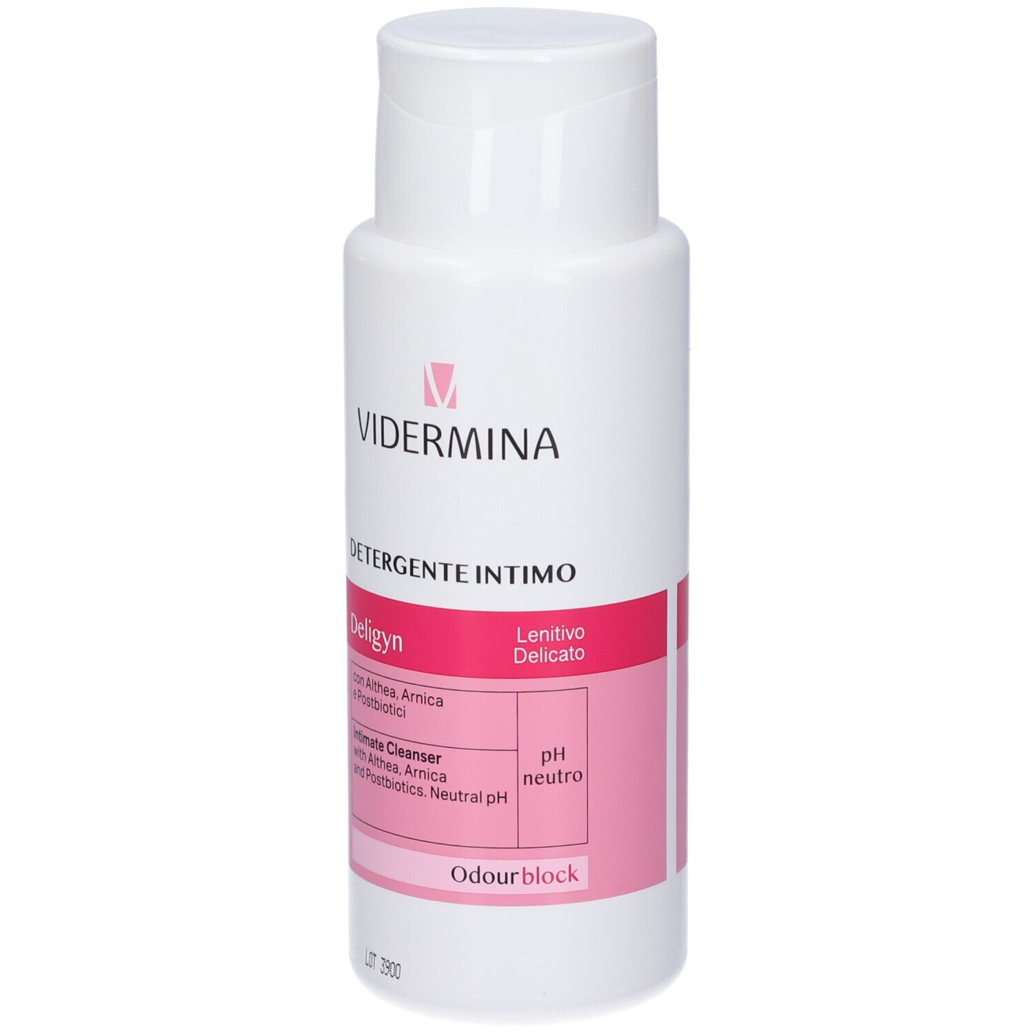 Flacone bianco con etichetta rosa. Scritta: Vidermina, Detergente Intimo, Deligyn. Contiene ingredienti e pH neutro.