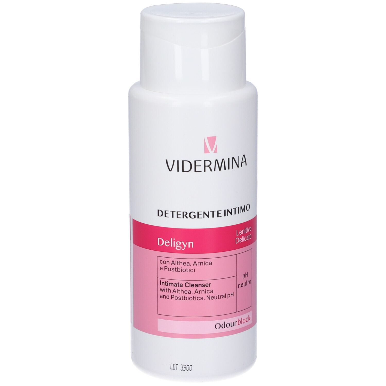 Flacone bianco con etichetta rosa. Scritta: Vidermina, Detergente Intimo, Deligyn. Contiene ingredienti e pH neutro.