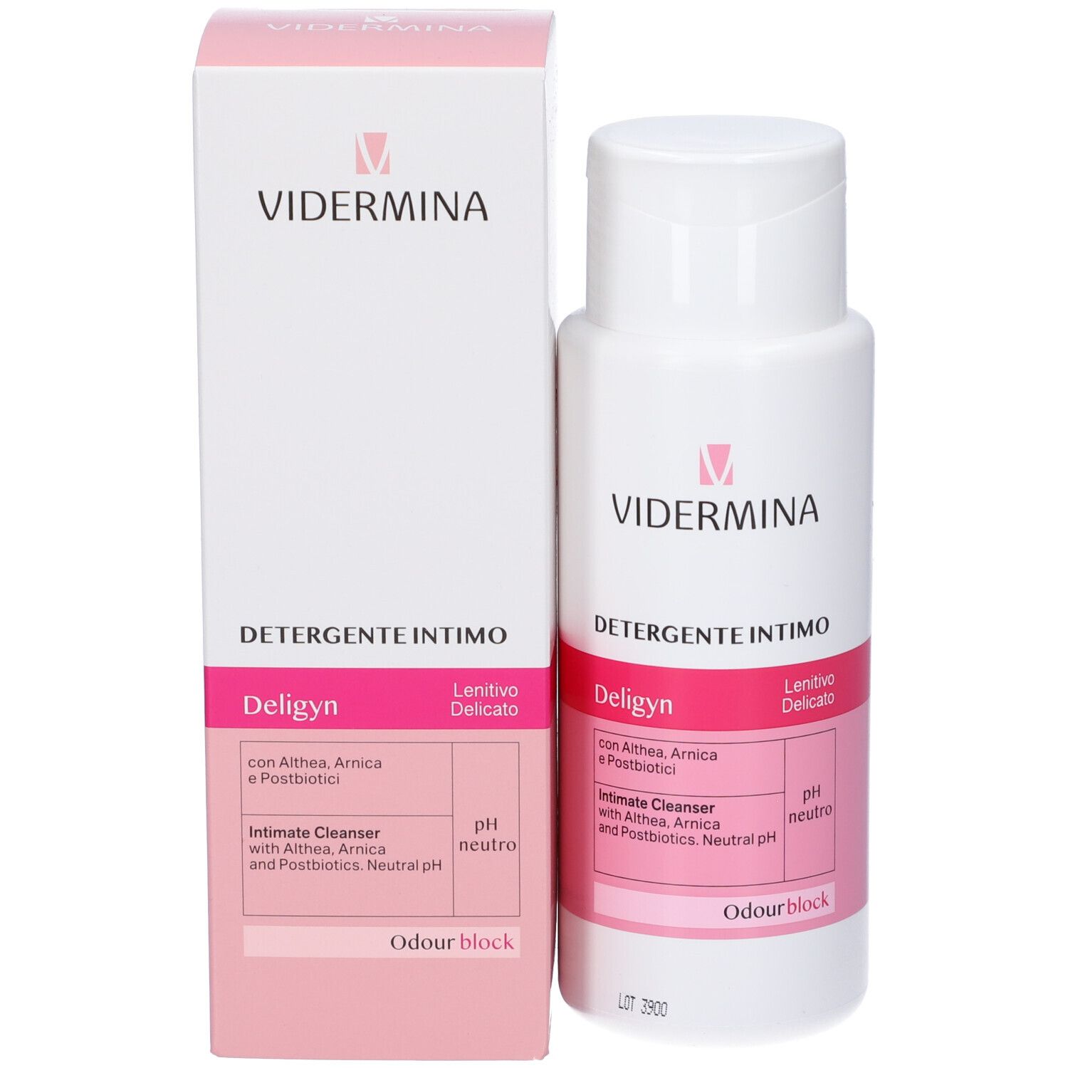 Confezione e flacone. Scritta: Vidermina, Detergente Intimo, Deligyn. Etichetta rosa con ingredienti e pH neutro.
