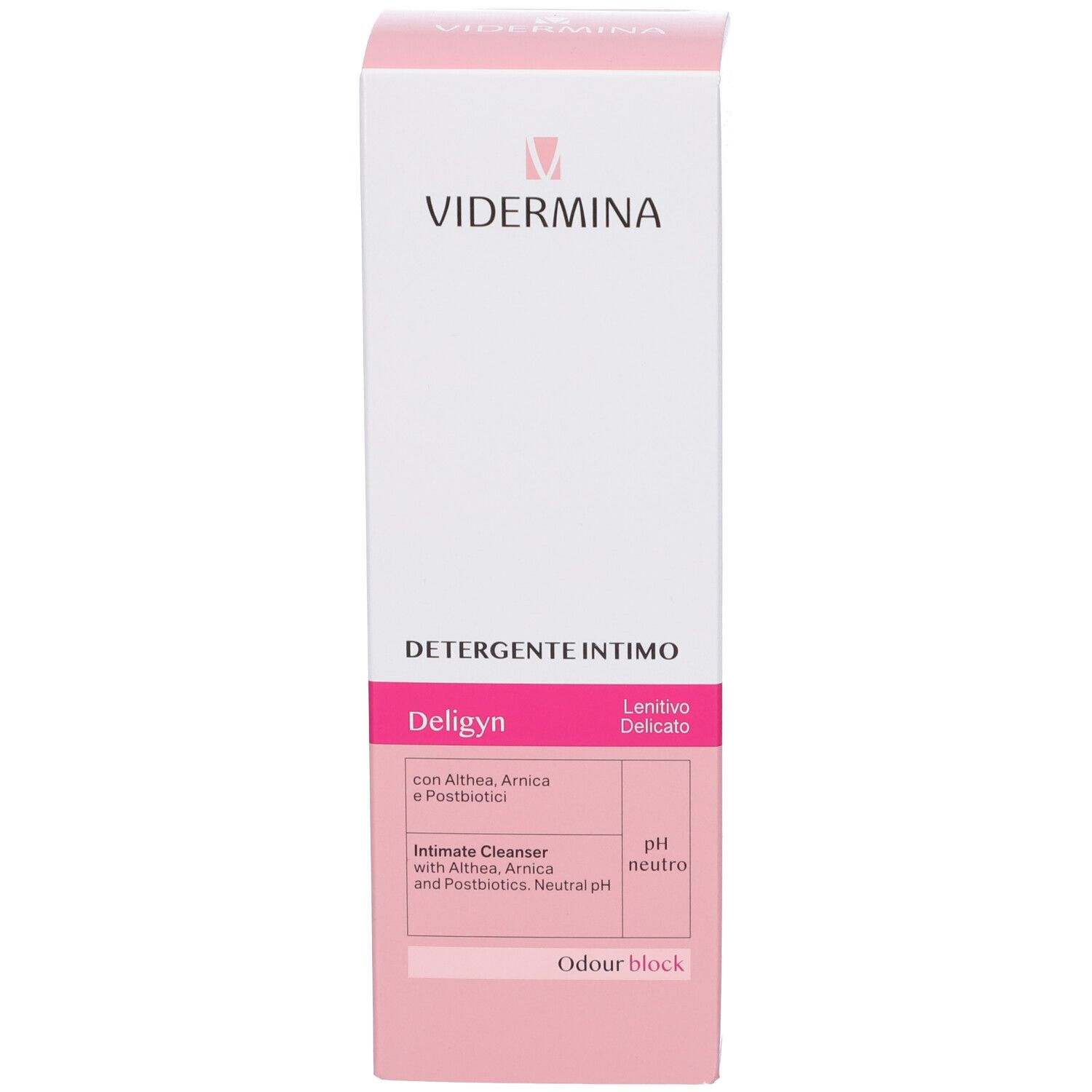 Confezione del prodotto. Scritta: Vidermina, Detergente Intimo, Deligyn. Etichetta rosa con ingredienti e pH neutro.