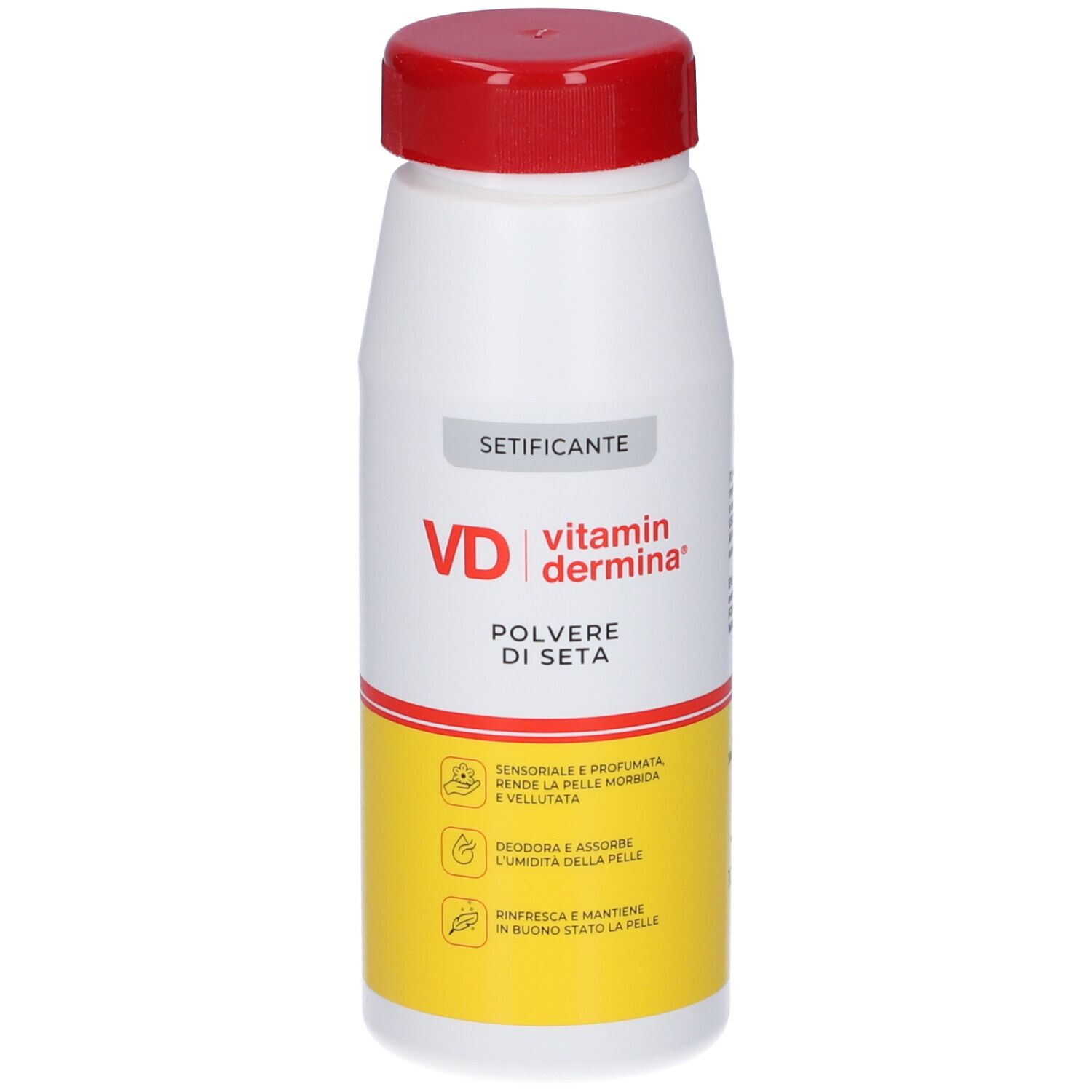 Flacone bianco e giallo con tappo rosso. Scritta: VD vitamin dermina, Polvere di Seta. Testo in italiano.