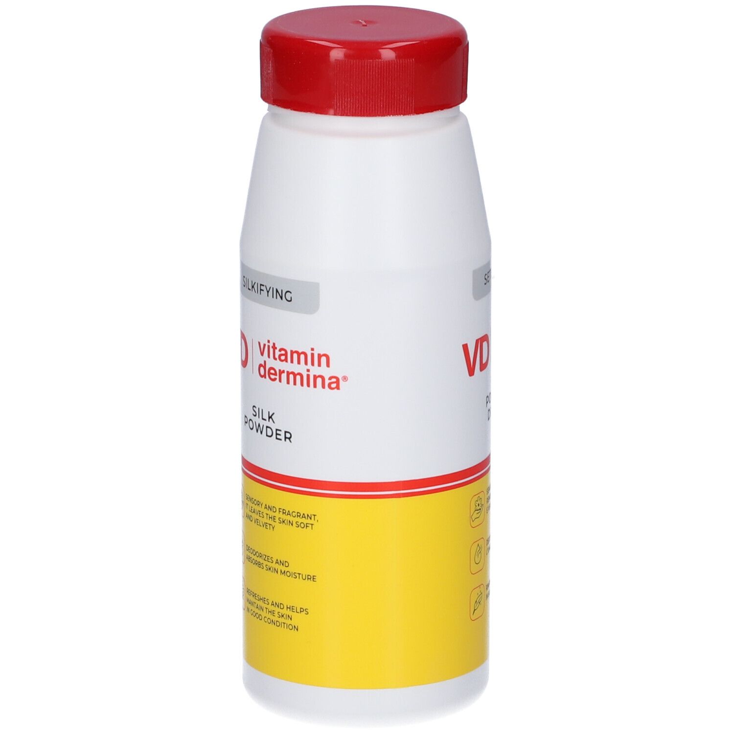 Flacone bianco e giallo con tappo rosso. Scritta: VD vitamin dermina, Silk Powder. Testo in inglese.