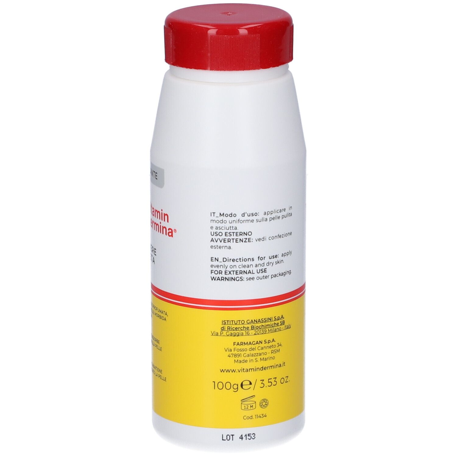 Flacone bianco e giallo con tappo rosso. Scritta: VD vitamin dermina, 100g/3.53 oz. Testo in italiano.