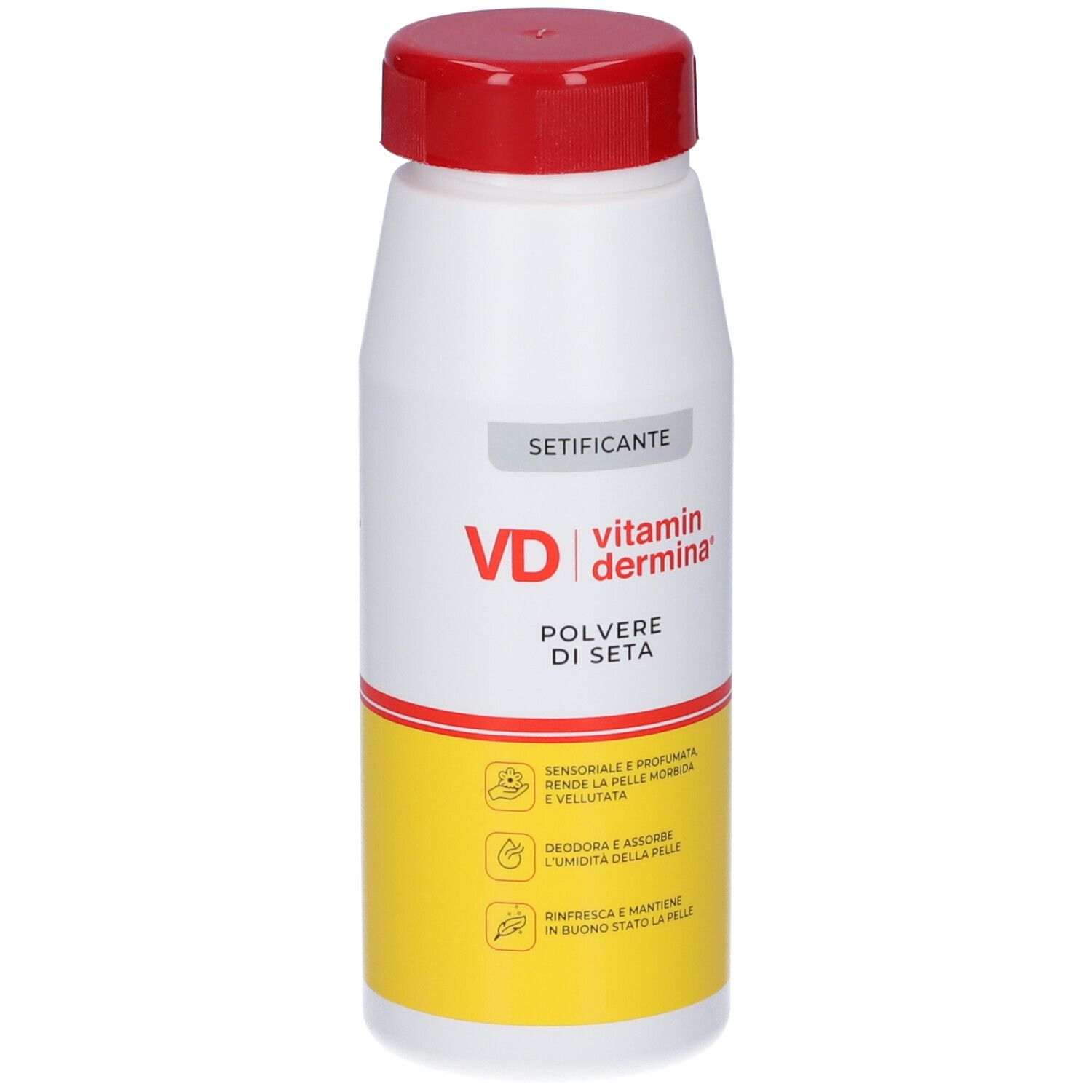 Flacone bianco e giallo con tappo rosso. Scritta: VD vitamin dermina, Polvere di Seta. Testo in italiano.