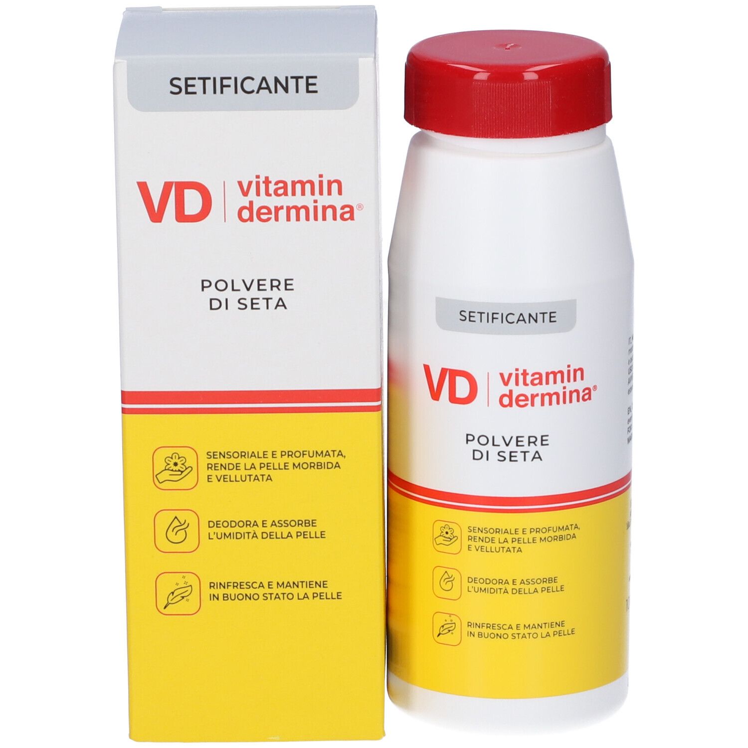 Flacone e scatola del prodotto. Scritta: VD vitamin dermina, Polvere di Seta. Testo in italiano.