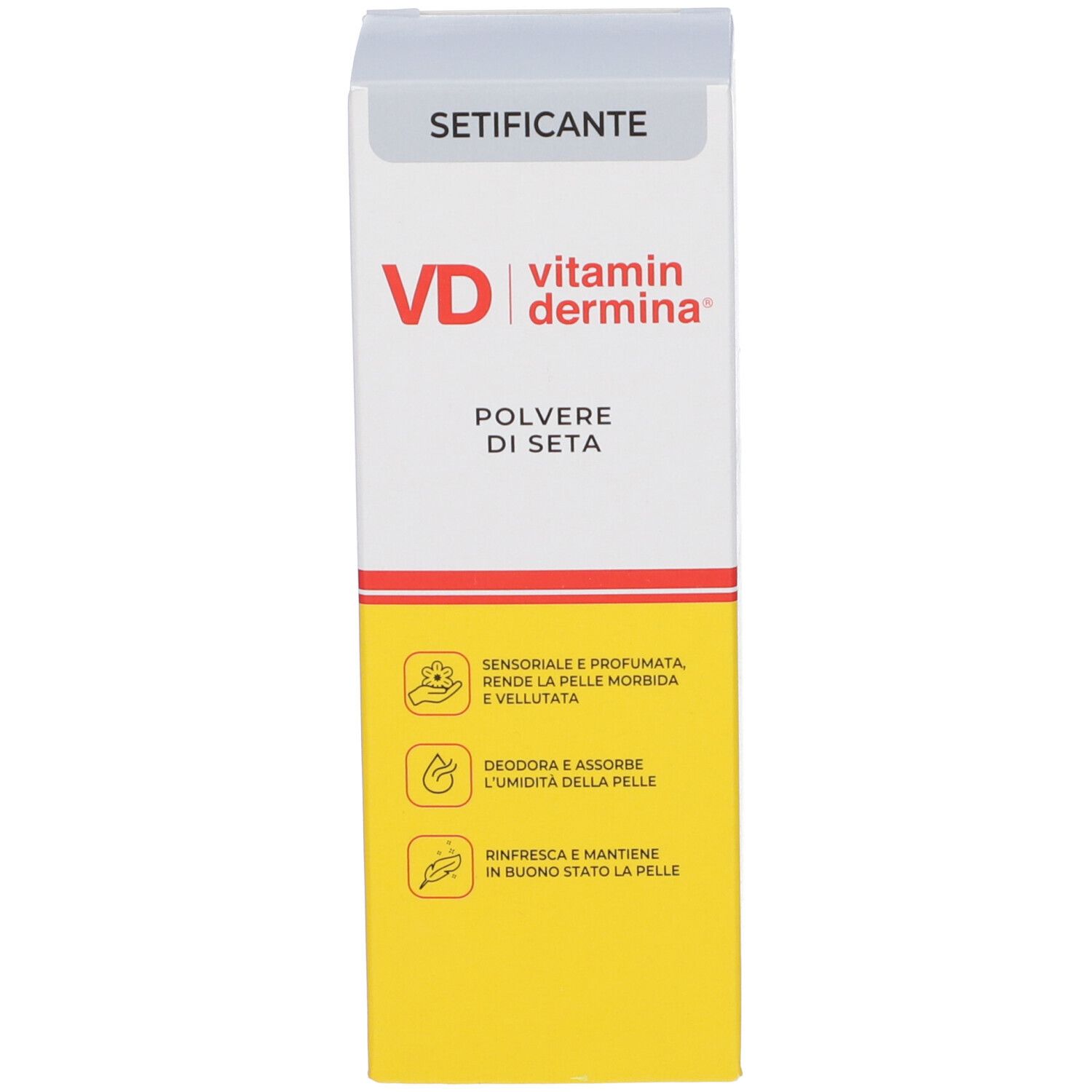 Confezione del prodotto. Scritta: VD vitamin dermina, Polvere di Seta. Testo in italiano.