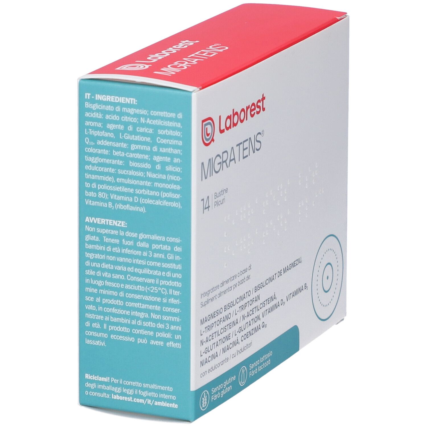 Confezione in cartone, vista laterale. Nome del prodotto e 14 bustine. Marchio Laborest. Elenco ingredienti.