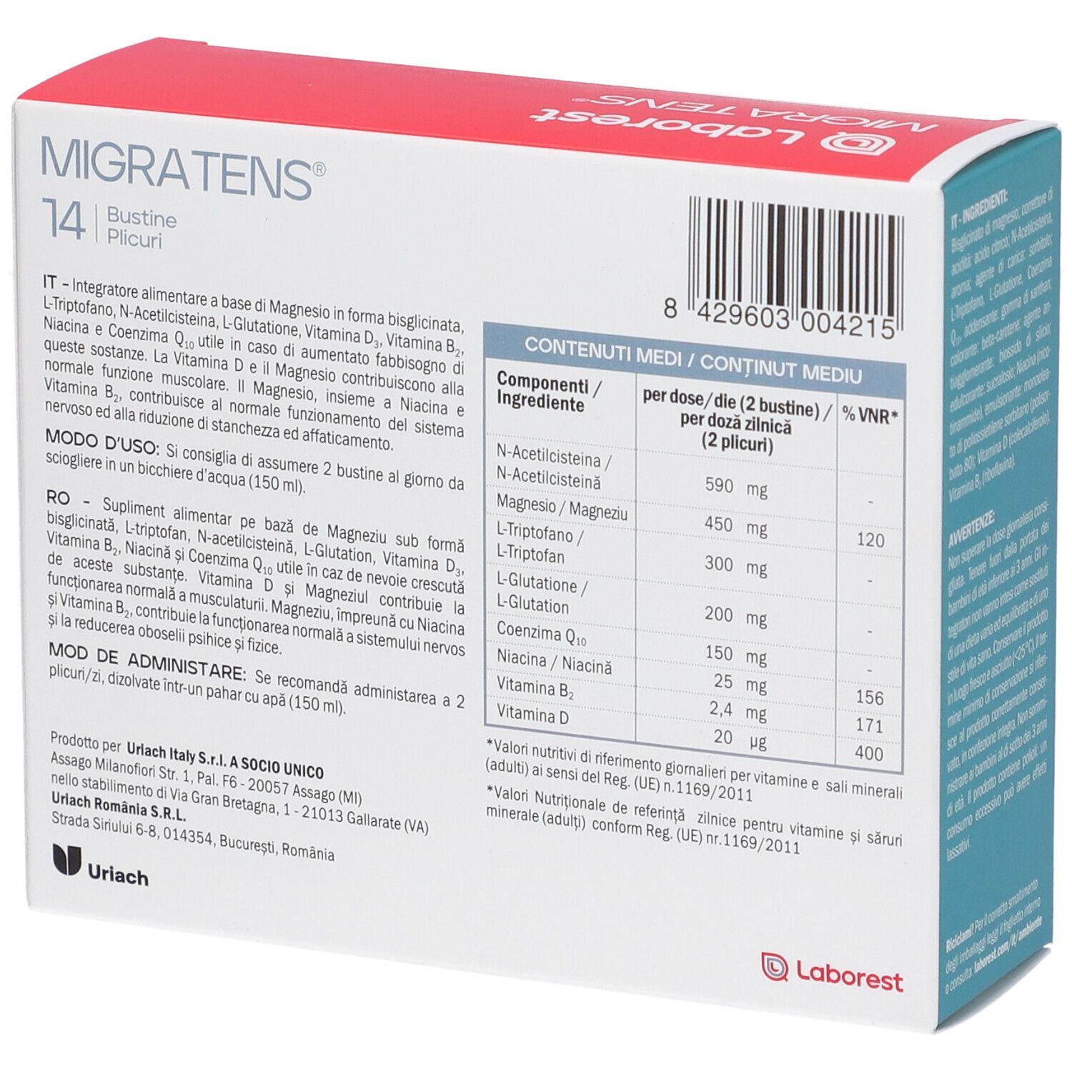 Confezione in cartone, retro. Nome del prodotto e 14 bustine. Marchio Laborest. Tabella nutrizionale.