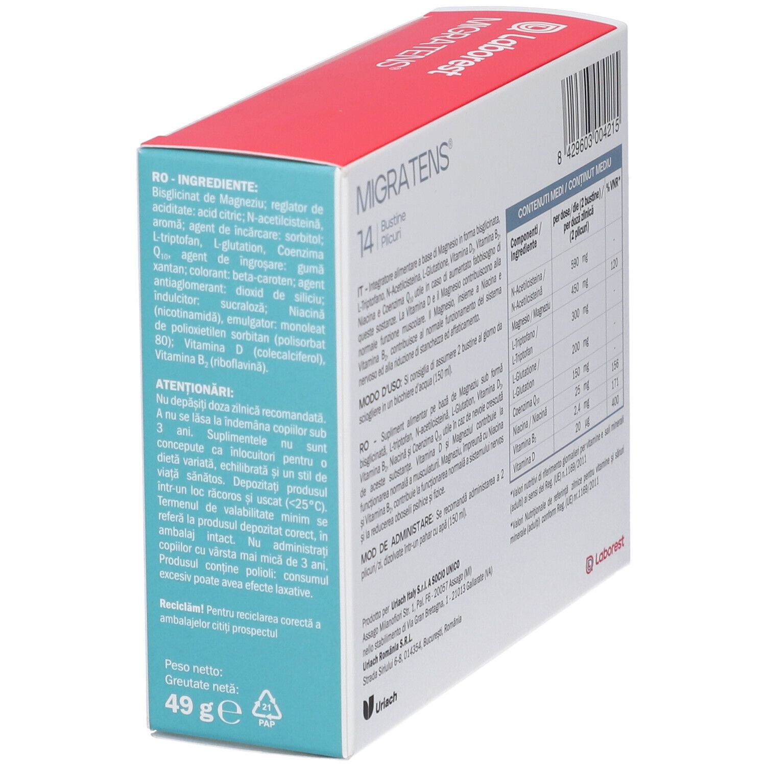 Confezione in cartone, retro. Nome del prodotto e 14 bustine. Marchio Laborest. Elenco ingredienti e avvertenze.