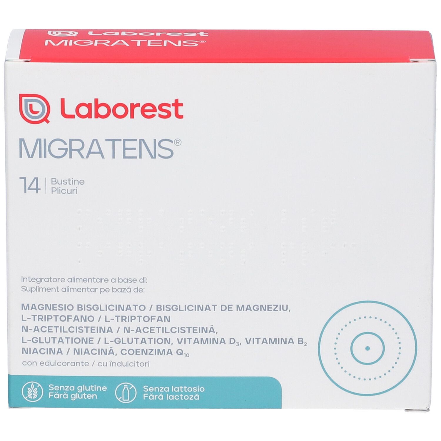 Confezione in cartone, fronte. Nome del prodotto e 14 bustine. Marchio Laborest. Senza glutine e lattosio.