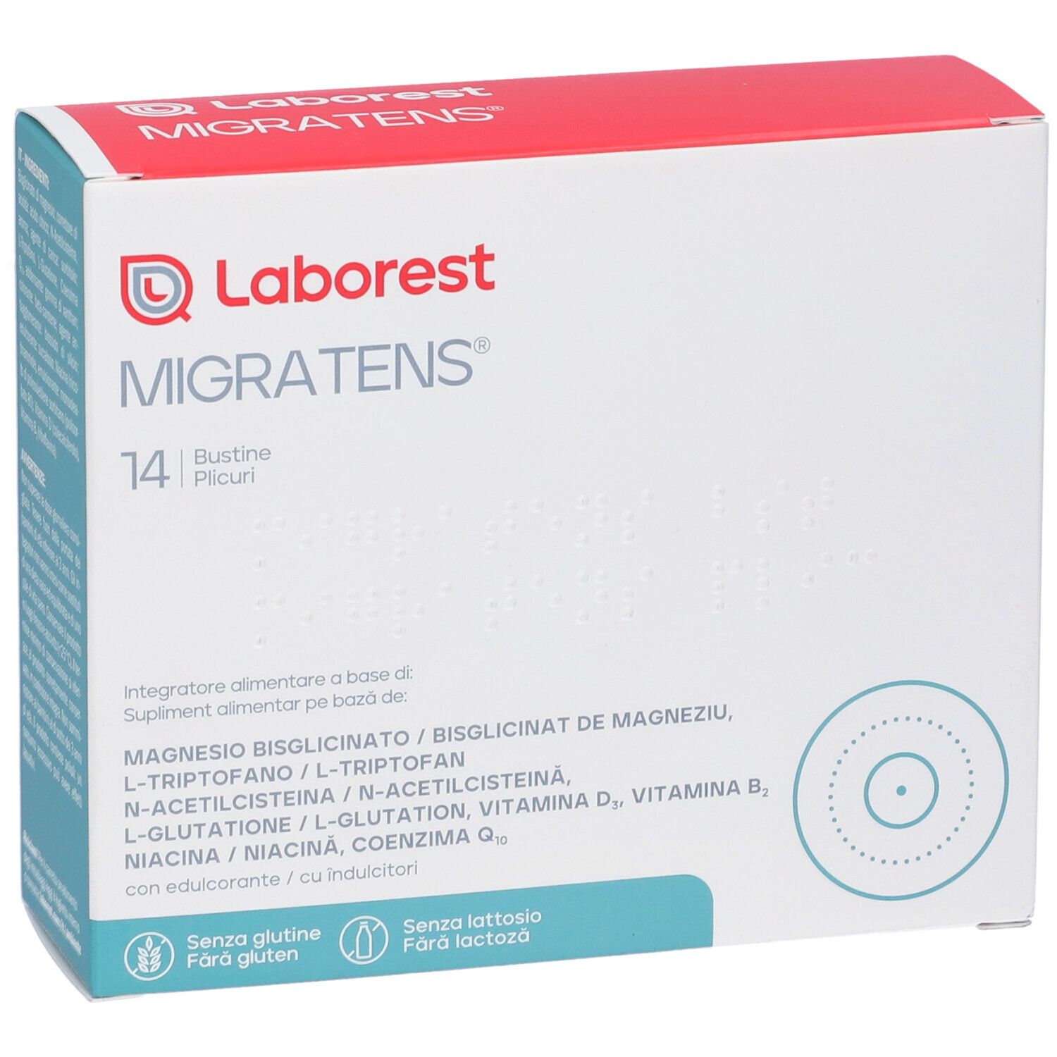 Confezione in cartone, fronte. Nome del prodotto e 14 bustine. Marchio Laborest. Senza glutine e lattosio.