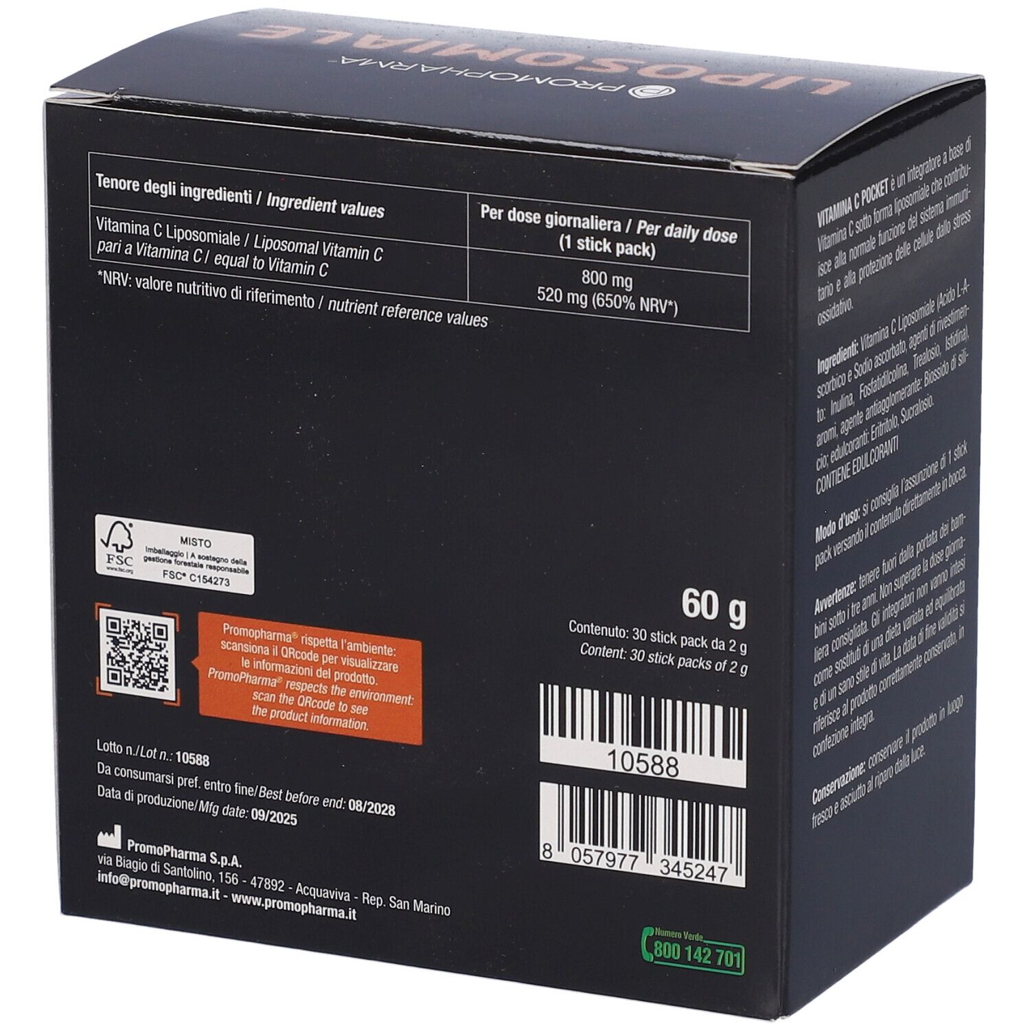 Retro della scatola Liposomiale Vitamina C Pocket. Informazioni nutrizionali. 60 g. Logo FSC.