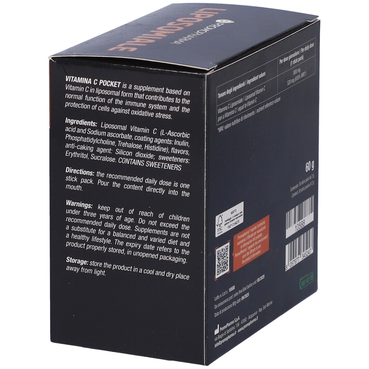 Retro della scatola Liposomiale Vitamina C Pocket. Testo con ingredienti e istruzioni per l'uso. 60 g.