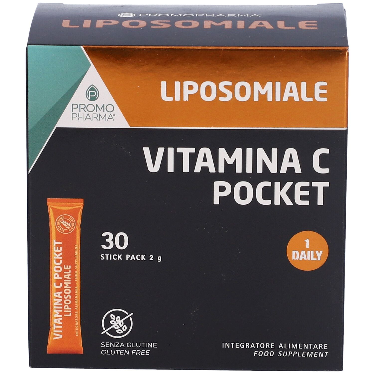Scatola Liposomiale Vitamina C Pocket. Contiene 30 stick. Stick arancione a sinistra. Simbolo senza glutine.