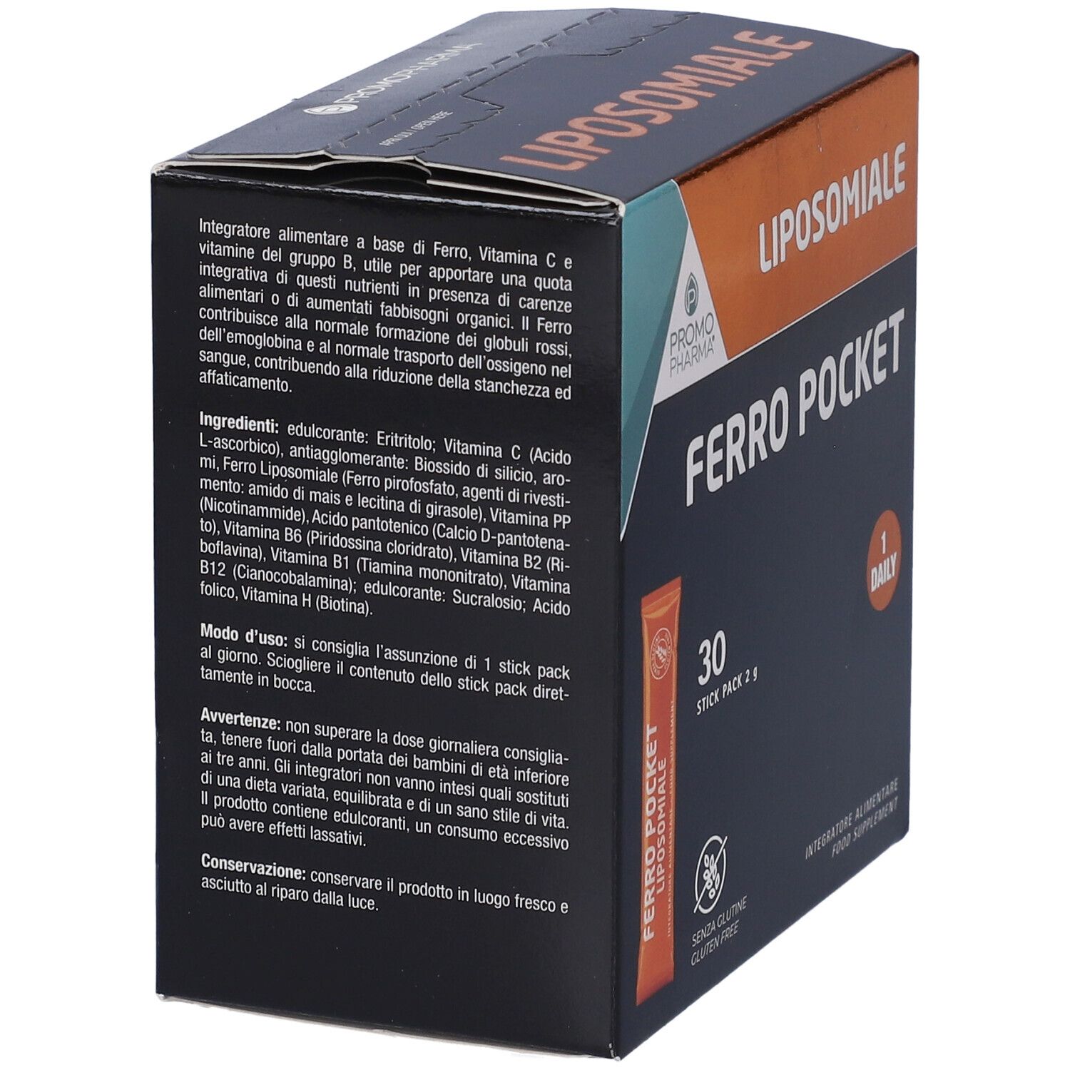 Scatola con informazioni sul prodotto. Testo: LIPOSOMIALE, FERRO POCKET, 30 stick pack. Contiene ingredienti e istruzioni per l'uso.