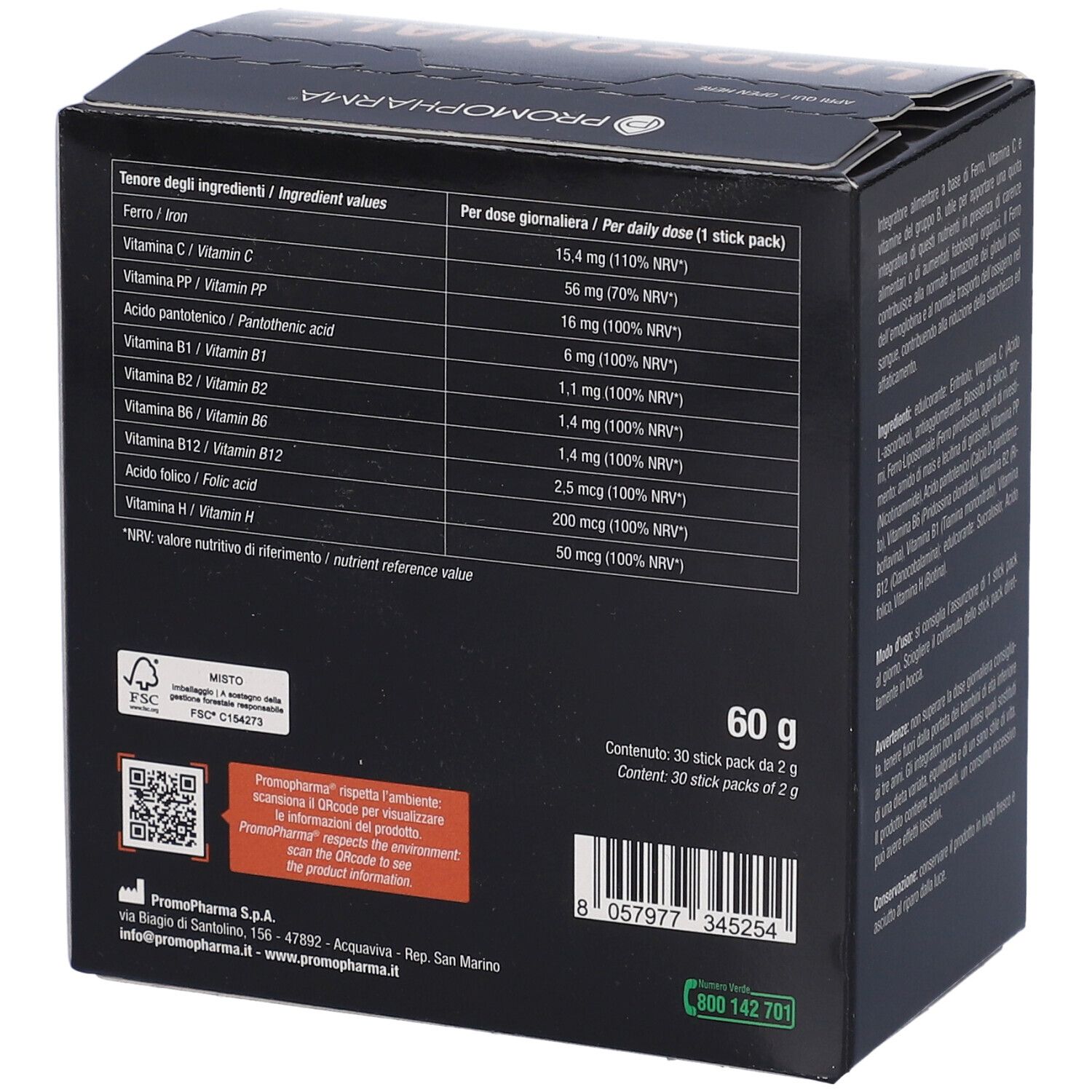 Retro della scatola con informazioni nutrizionali. Contiene informazioni sugli ingredienti e i valori nutrizionali per porzione.