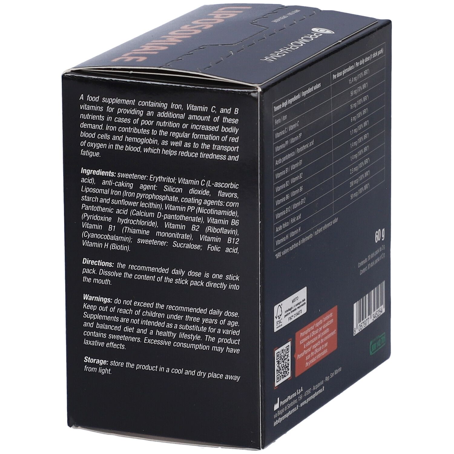 Scatola con testo sugli ingredienti e l'uso. Contiene informazioni sulla dose giornaliera raccomandata e la conservazione.