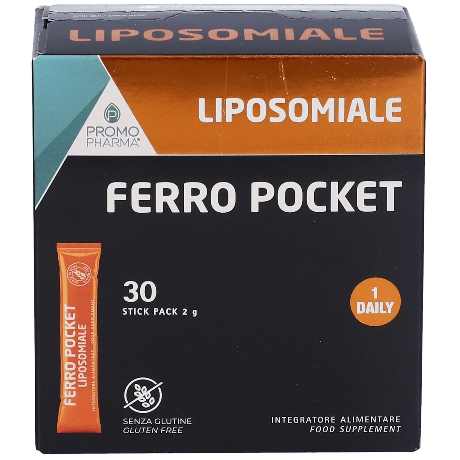 Scatola con nome prodotto e bustina singola. Scritto: LIPOSOMIALE, FERRO POCKET, 30 stick pack, senza glutine.