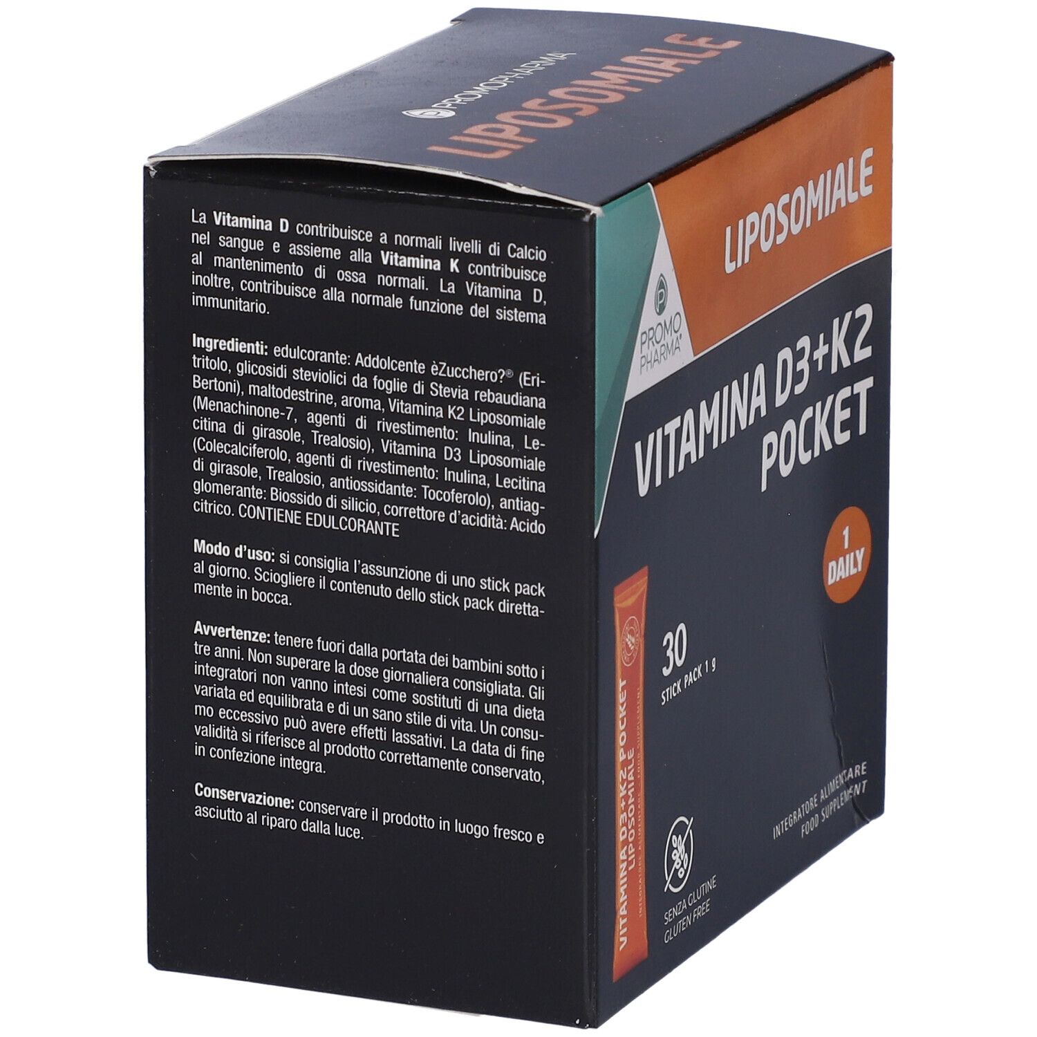 Scatola VITAMINA D3+K2 POCKET. Ingredienti e istruzioni. 30 stick pack.