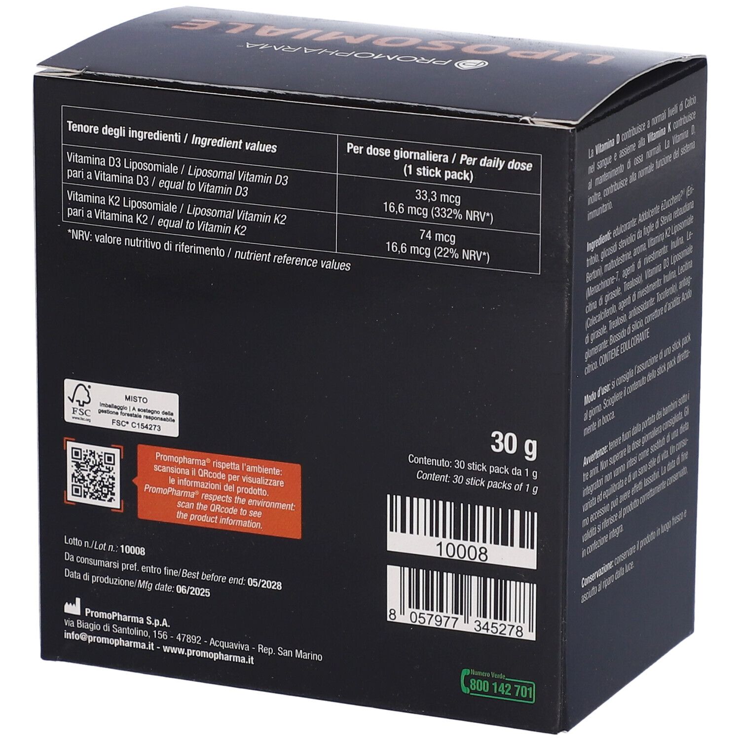 Retro scatola VITAMINA D3+K2 POCKET. Valori nutrizionali, QR code, 30 g.